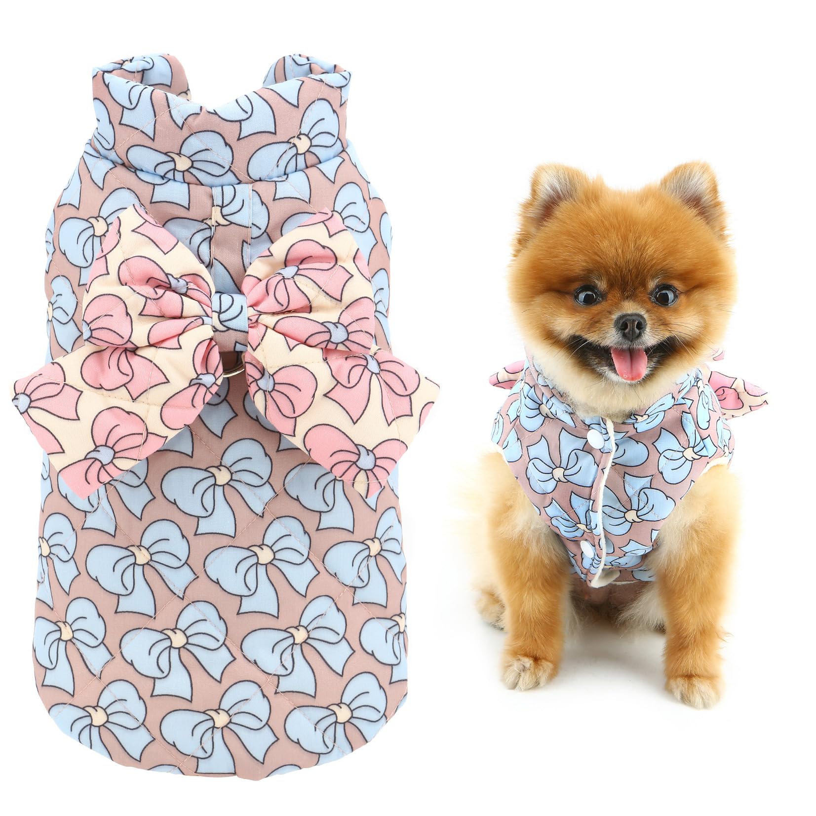 SMALLLEE_LUCKY_STORE Fleece Lined Dog Coat for Xsmall Small Dogs Bowtie Puppy Winter Vest Jacket with Cute Bow D-ring Quilted Padded Clothes Warm Insulated Cold Weather Chihuahua Yorkie Outfit Blue S