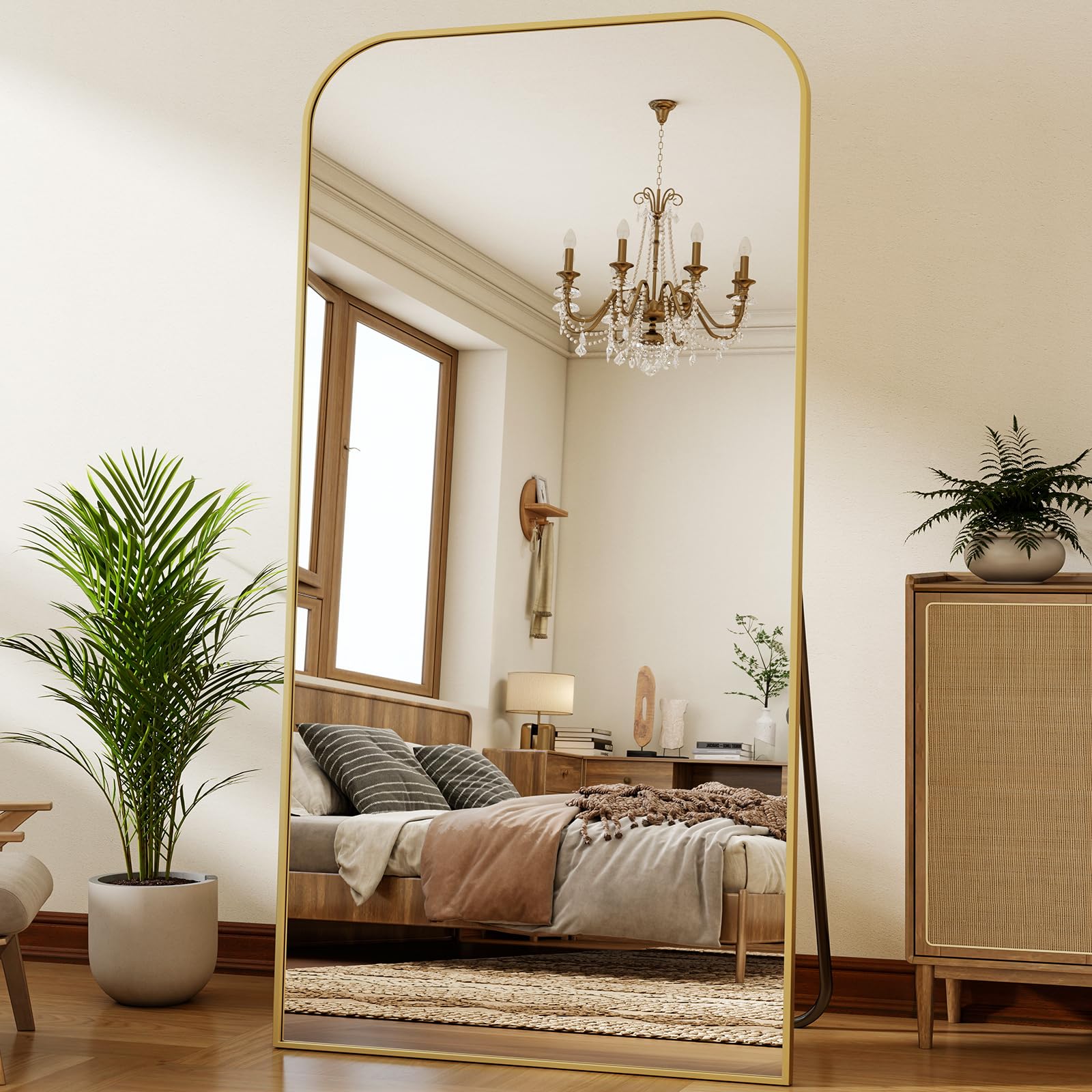 Photo 1 of XRAMFY 40x86 Inch Floor Length Mirror with Stand, Full Length Standing Mirror for Bedroom, Full Body Tall Mirrors with Modern Aluminum Alloy Frame in Gold, Home Decor