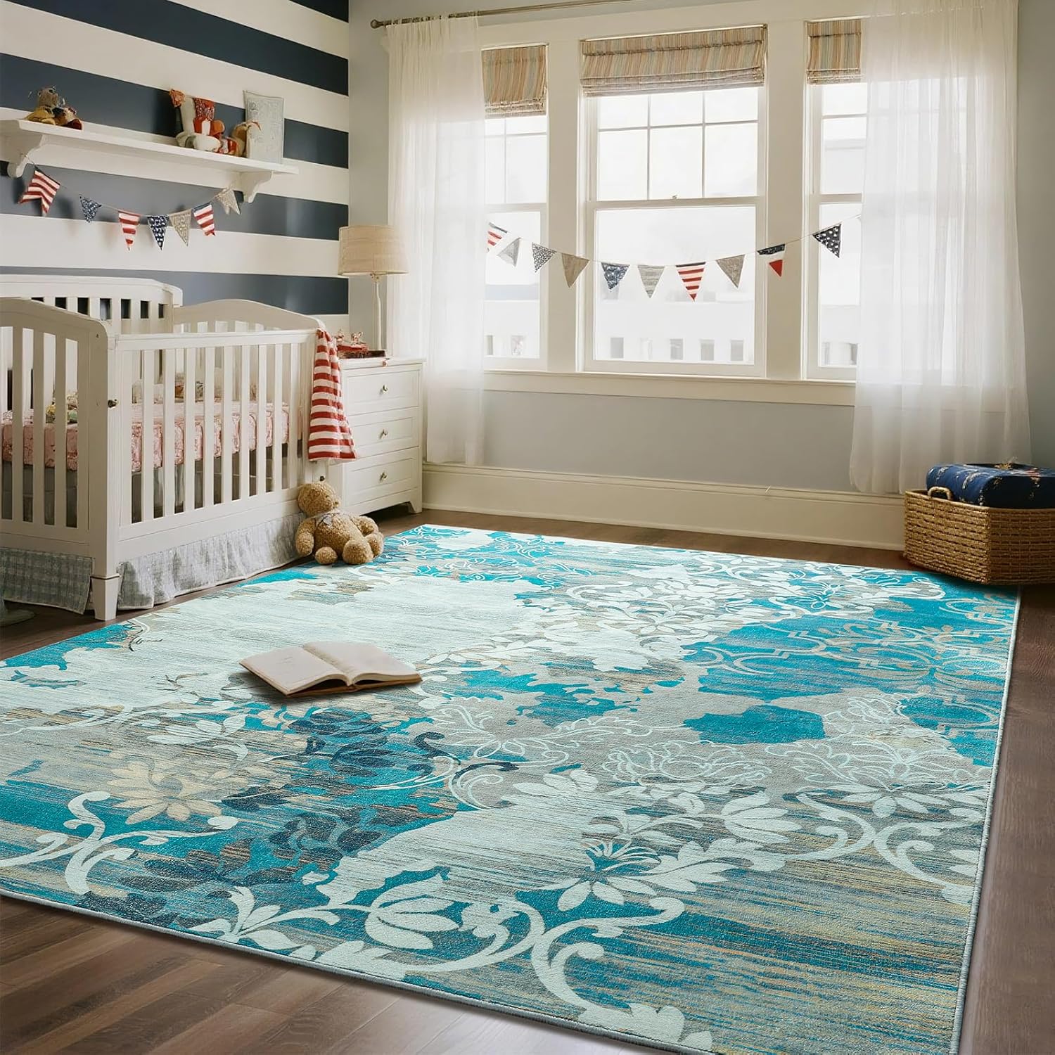 Przemy 5x7 Area Rugs for Living Room, Washable Rug for Bedroom, Vintage Non Slip Carpet for Dorm Dining Room Nursery Bedside Office Playroom, Blue and White