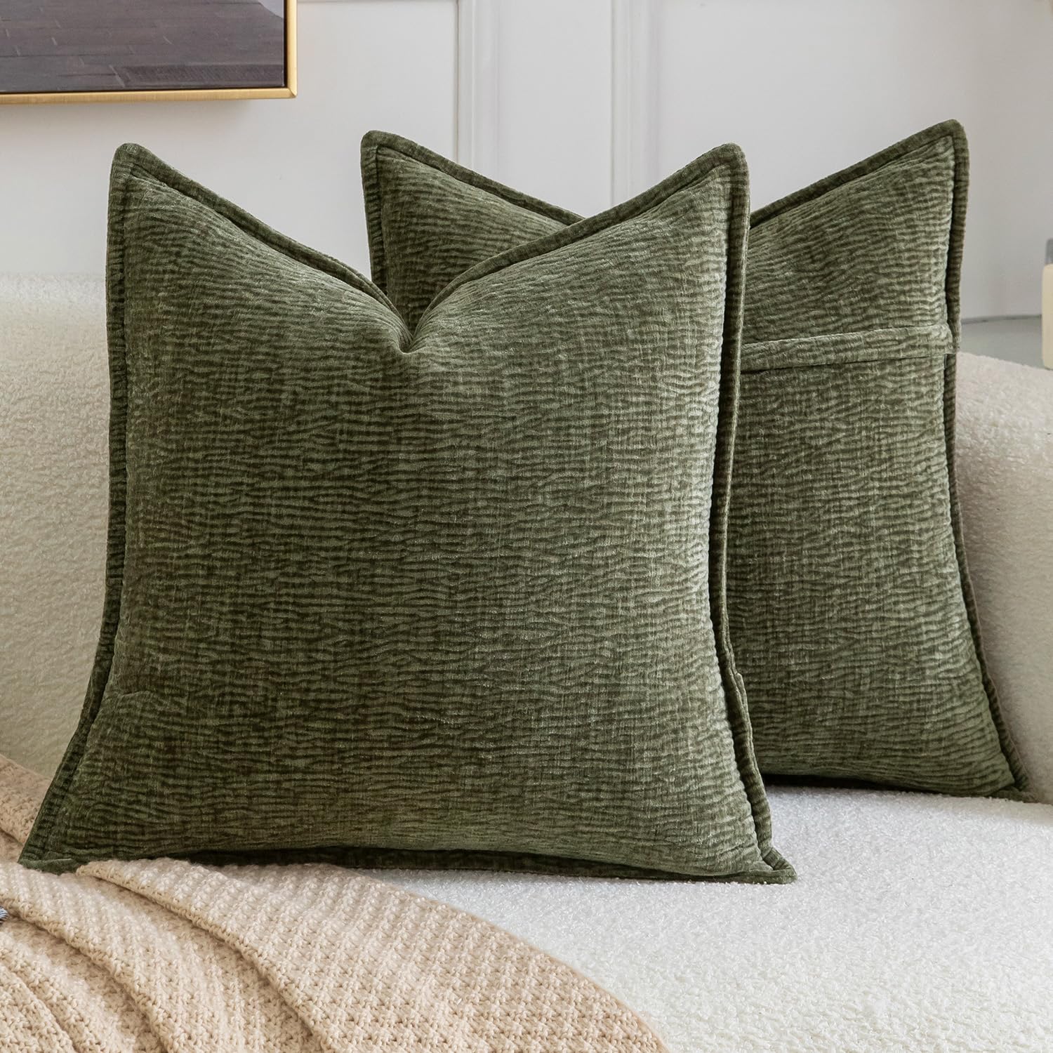 Madizz Pack of 2 Decorative Cushion Covers Soft Chenille Throw Pillows Solid Textured Euro Sham Covers for Couch Sofa Bedroom Living Room 60x60 CM, Olive Green — image 1