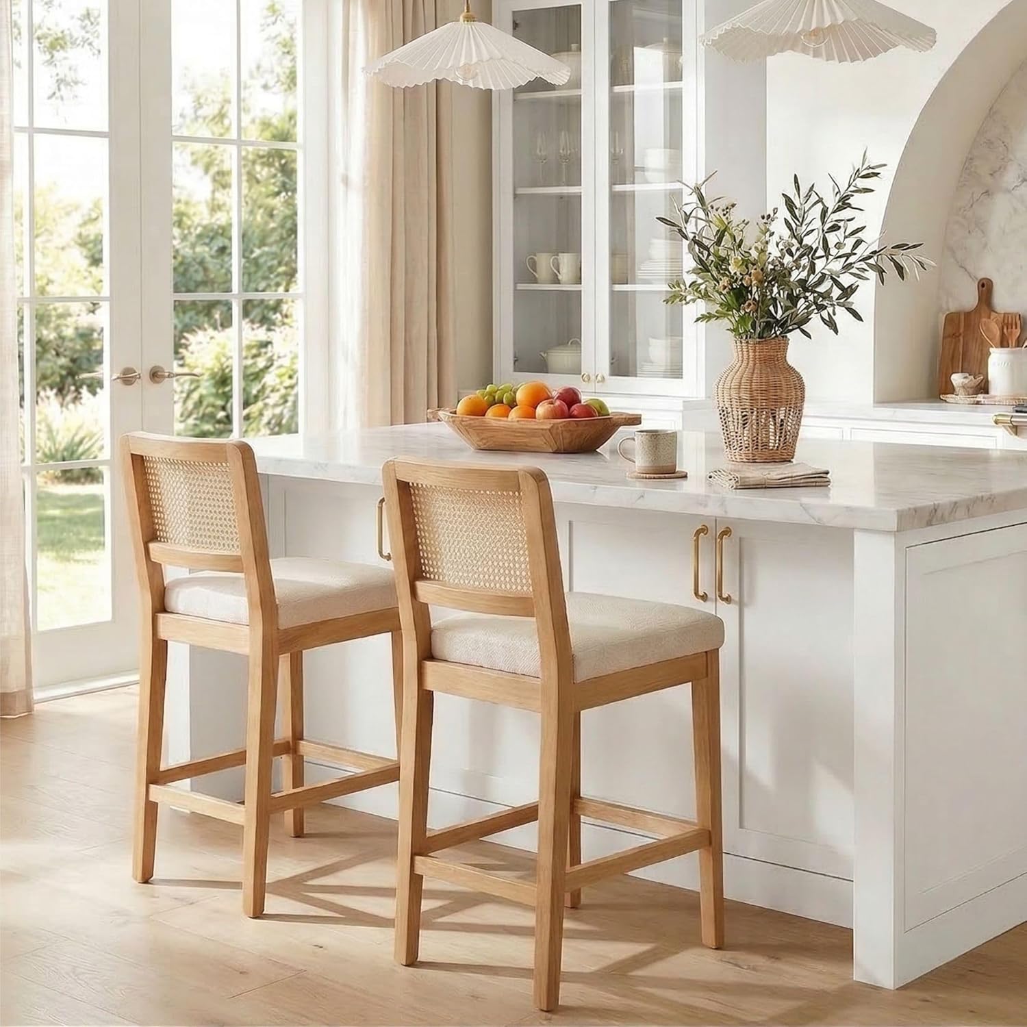 Wahson Counter Height Bar Stools Set of 2, Farmhouse Rattan Bar Stool with Back, Upholstered Wooden Barstools Mid Century Modern Breakfast Bar Chairs for Kitchen Island, Chenille Beige