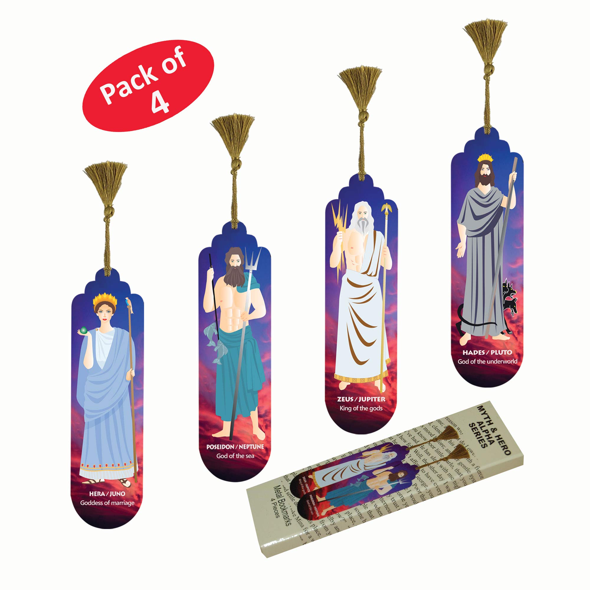 Pictor Gift Myth and Hero Decorative 4 Piece Bookmark Set, Artwork Metal Pressed with Suede Back (Myth and Hero Alpha Series)