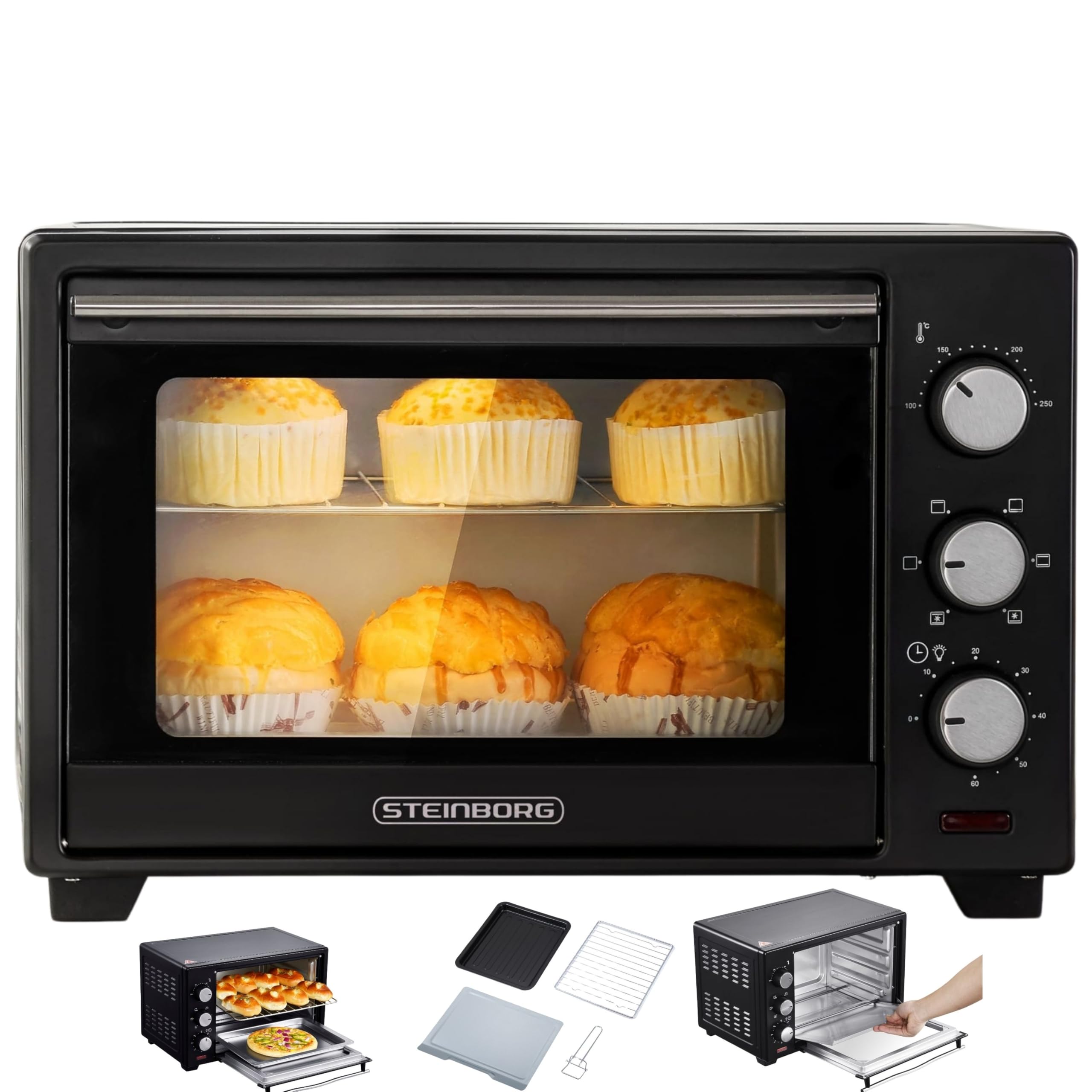 Steinborg® 25 Liter Mini Backofen mit Umluft Pizza Ofen inkl. Backblech und Grillrost Miniofen 60 Min. Timer – 1.600 Watt