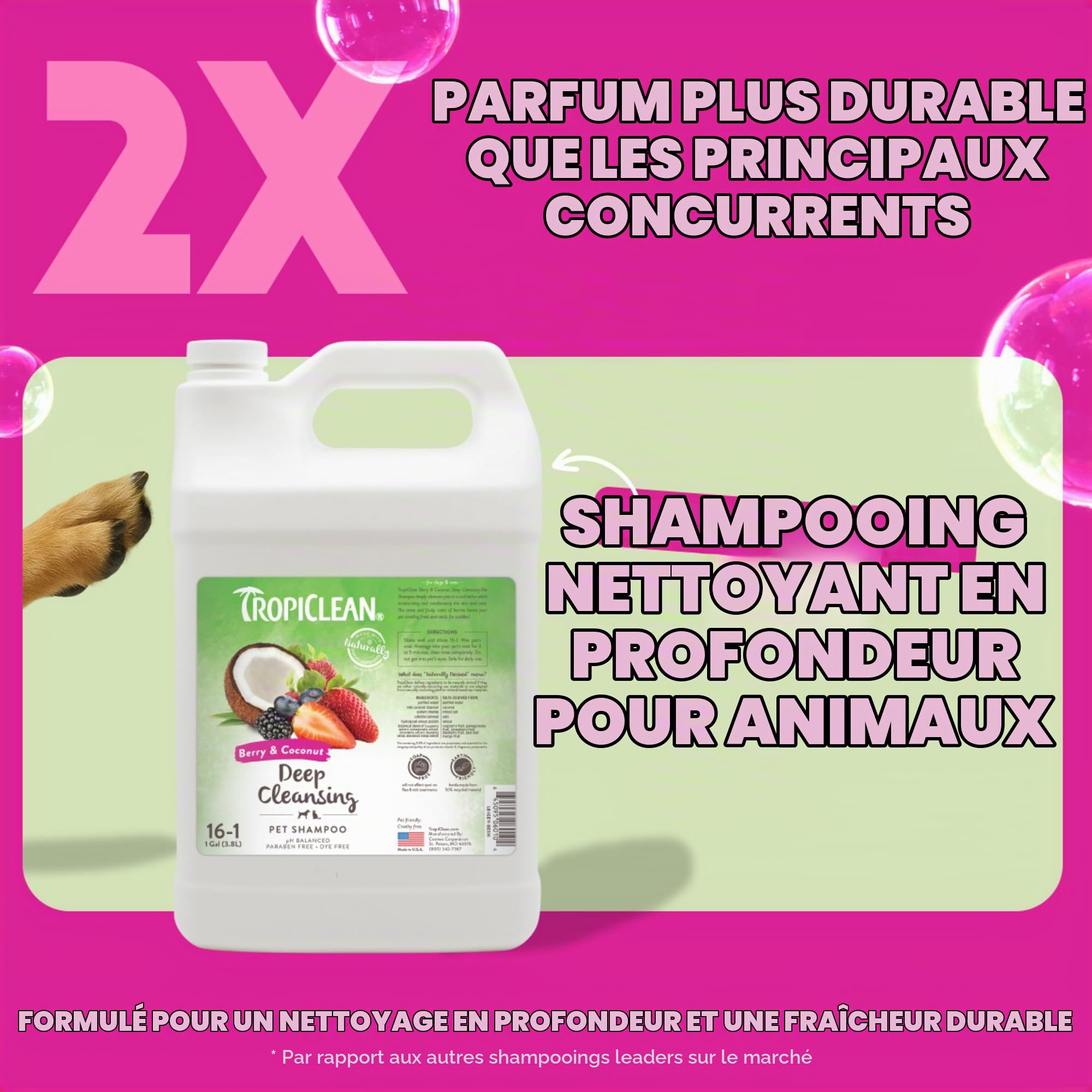 TropiClean Shampooing pour chiens et chats, nettoie et hydrate en profondeur, à base d’ingrédients naturels - Baies et noix de coco, 3,8 L