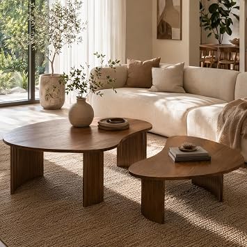 Walnut Mango Nesting Coffee Table Set of 2, Fluted Wood Legs | Natural Walnut Wood Grain | Mango-Shaped Design | Fluted Solid Wood Legs | Space-Saving Nesting | Modern Home Style