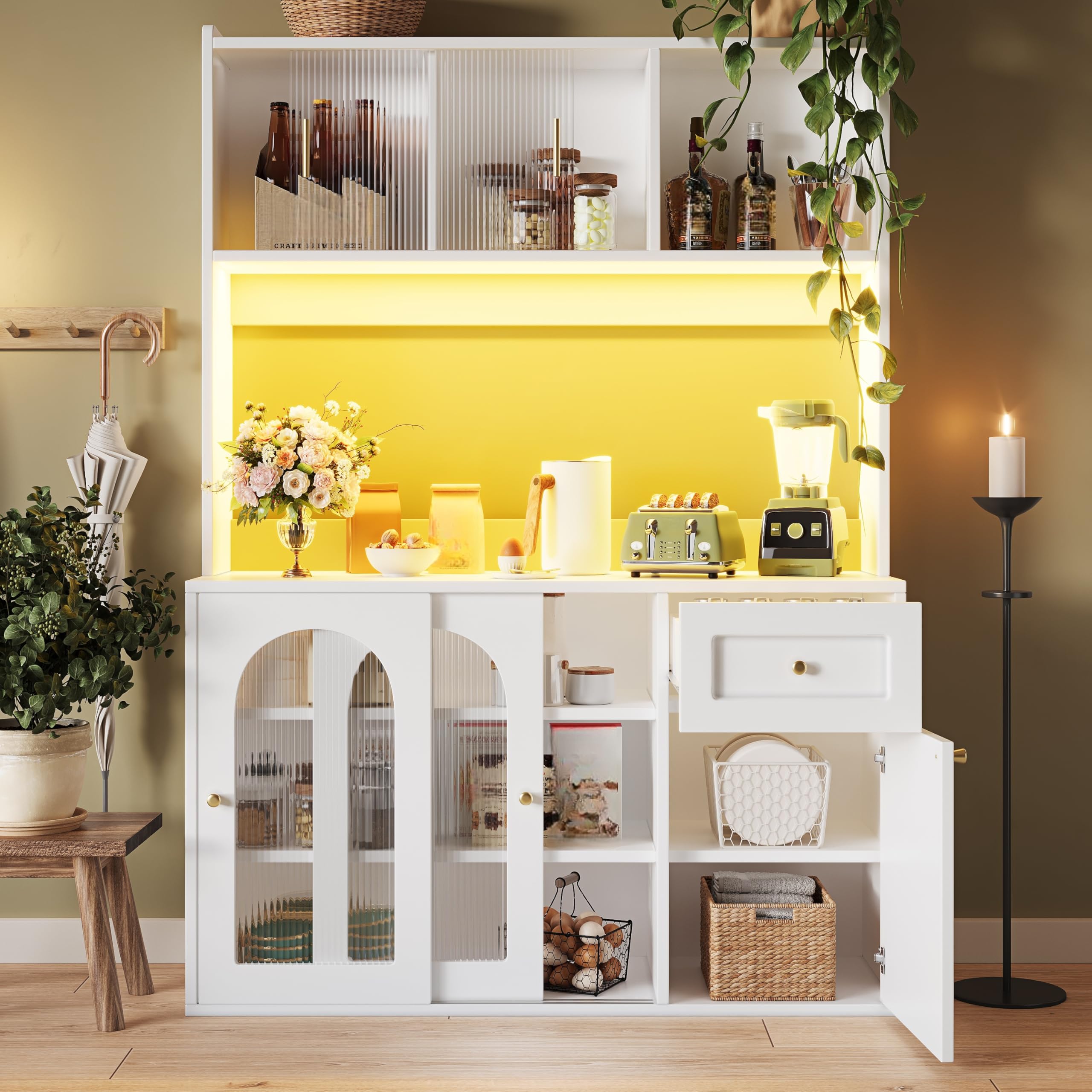 Küchenschrank mit Verstellbaren Ablagen und LED-Beleuchtung, Buffetschrank Hochschrank mit Türen und Schubladen, Küchenschränke mit Arbeitsplatte, Küchenmöbel, Weiß, 120×35×167 cm