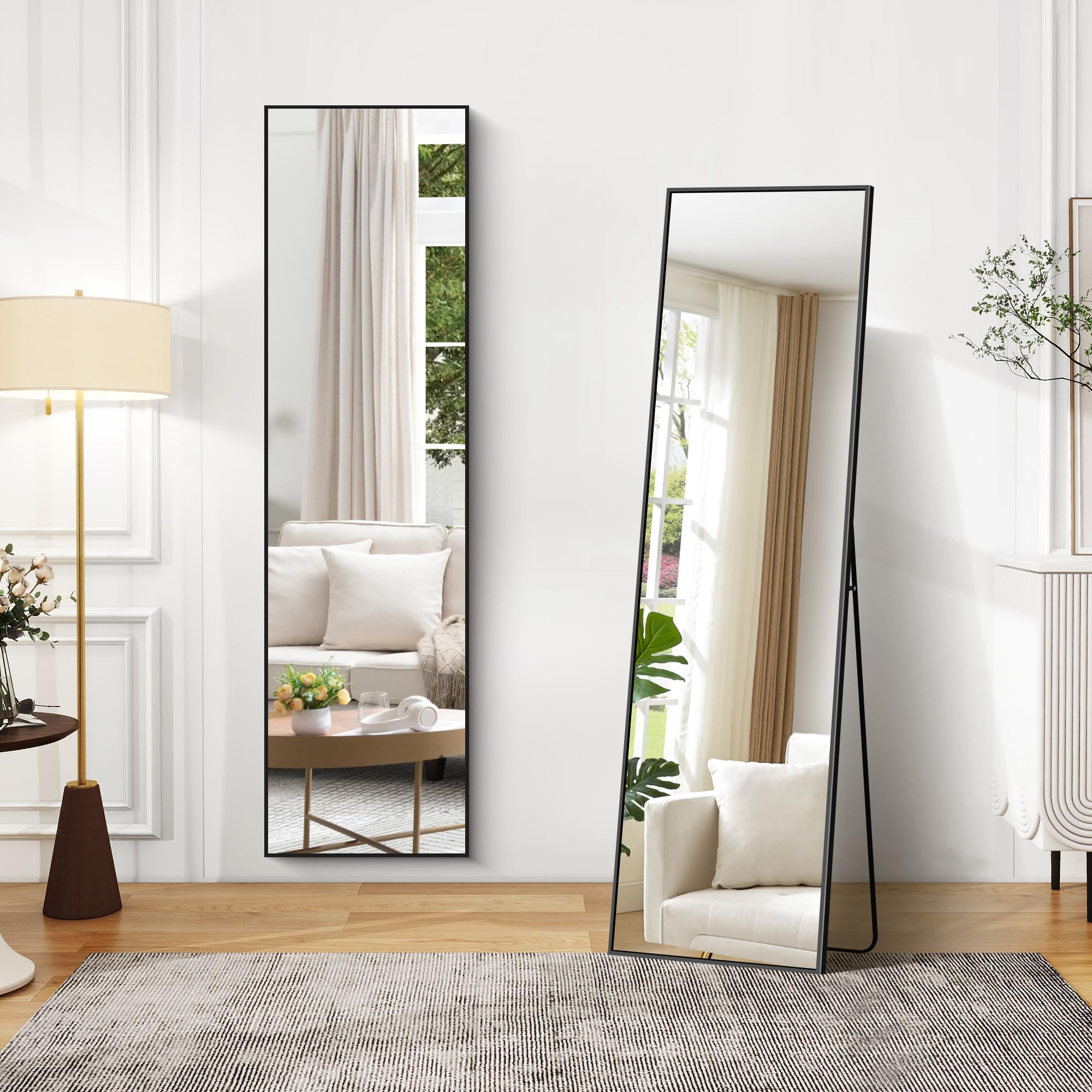 COFENY Specchio da Terra, 150 x 40 cm Specchio da Parete Grande con Cornice in Alluminio, Specchio da Terra da Appoggiare o Appendere per Soggiorno, Camera da letto, Soggiorno, Ingresso, Nero