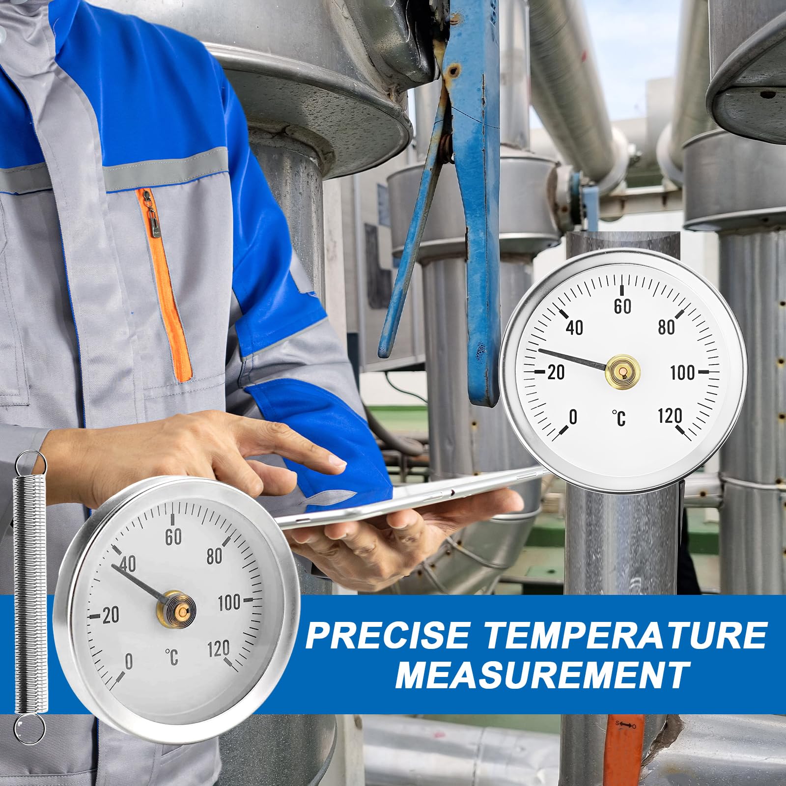 2 Stück Rohrthermometer Heizungsrohr, Rohrthermometer rostfreiem Stahl, Temperaturanzeige mit Clip-On 0-120 ℃, Tragbares Rohrleitungs Thermometer, Überwachung Rohrtemperatur (mit 2 Federn)