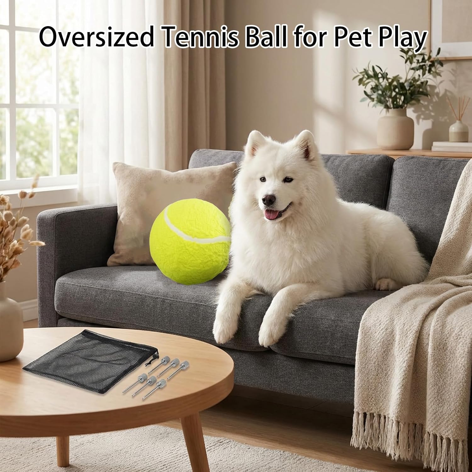 6 Pcs Large Giant Tennis Ball with Gas Needles and Mesh Bag 9.5'' Fluorescent Yellow Inflatable Large Dog Toy Balls for Dogs Playing Sports Indoor Outdoor Training