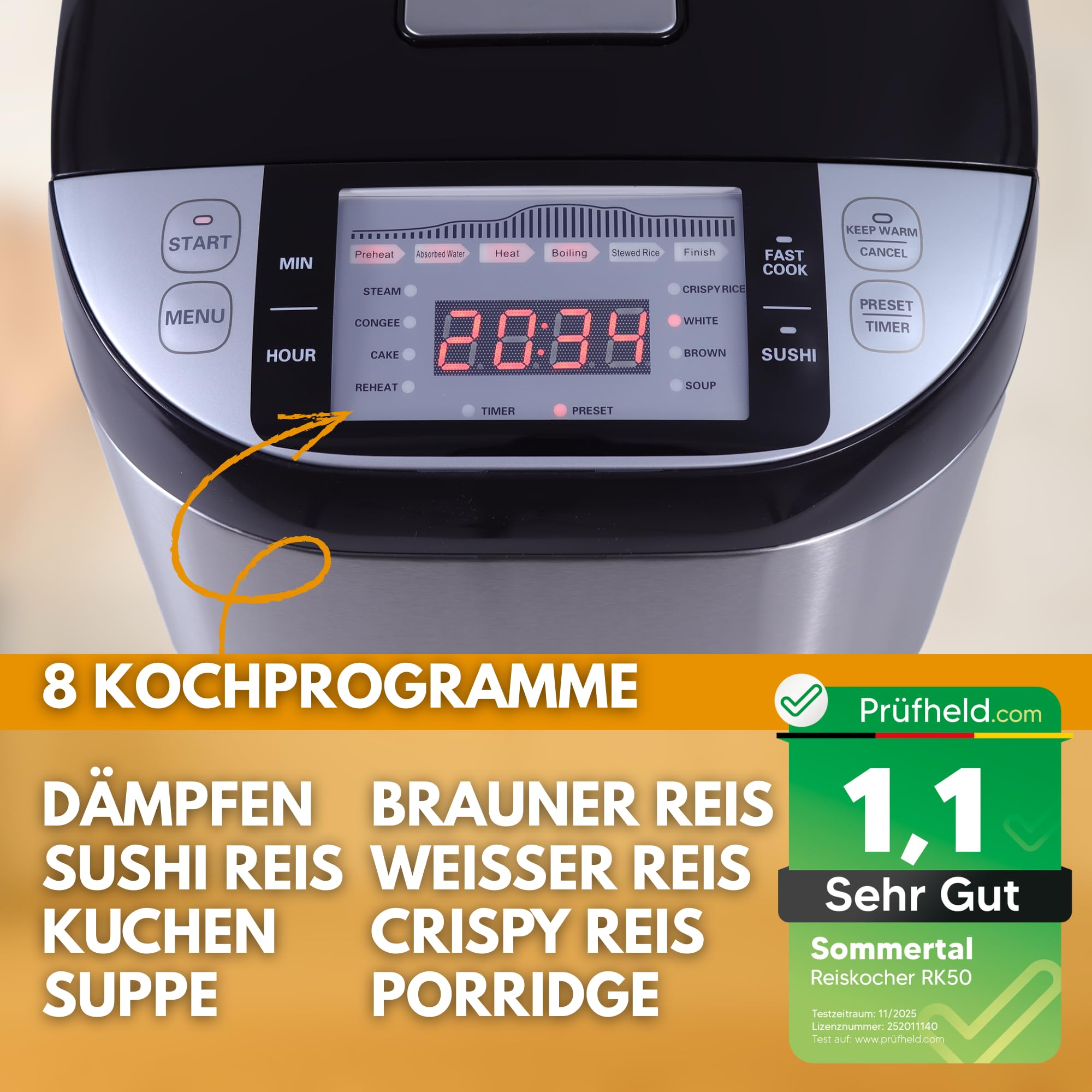 Sommertal Reiskocher 5 Liter XXL für 1 bis 15 Personen | 790W | Multikocher mit Touch, 3D Heizsystem, Warmhaltefunktion, abnehmbarem 105 cm Kabel | Dampfgarer mit Dämpfeinsatz & Zubehör | RK50