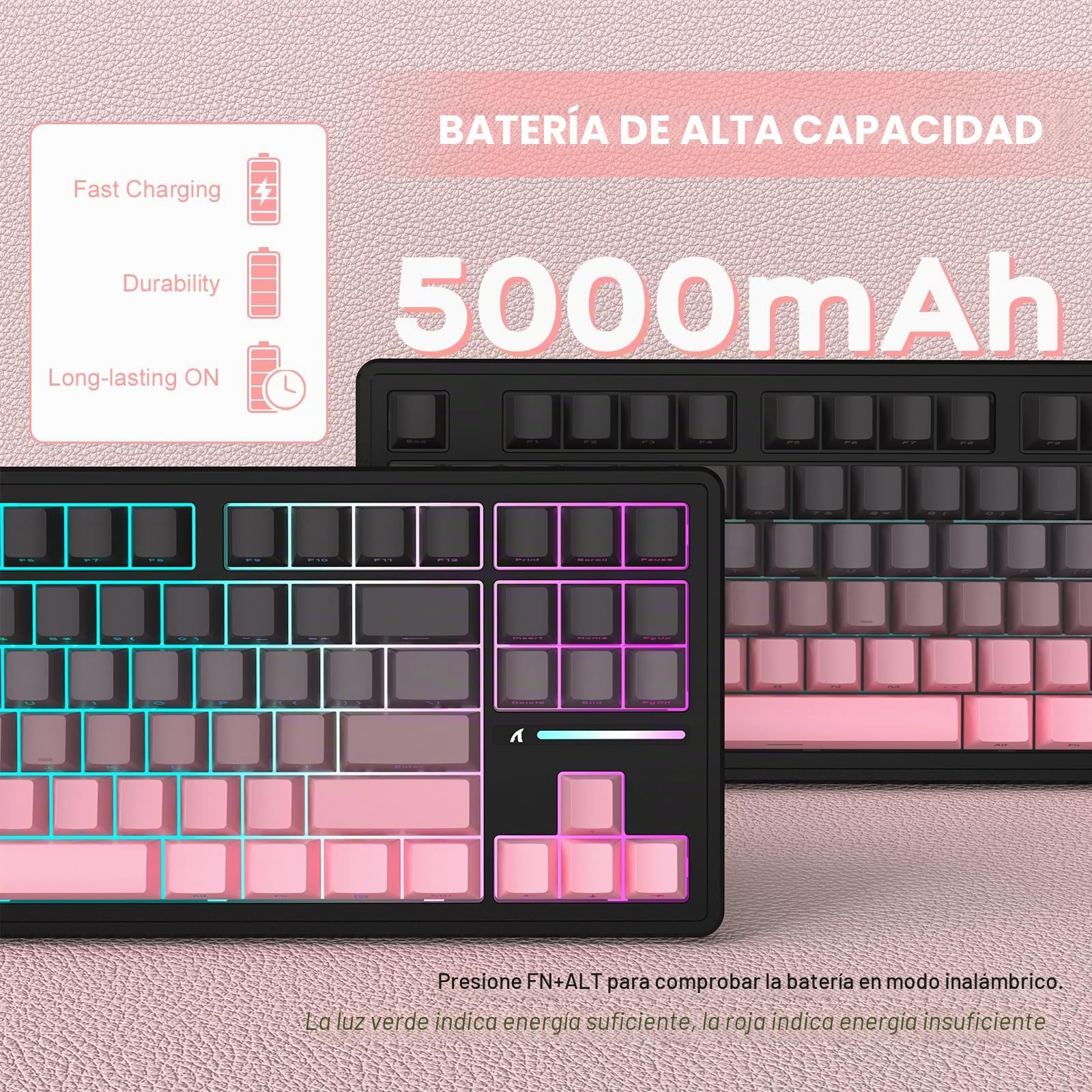 LexonElec x Attack Shark M87 Wireless Gaming Keyboard, BT y 2,4G y Cable, QWERTY 75% RGB Teclado Mecánico, Hot-Swap Interruptor Lineal, Teclas PBT Degradado con Impresión Lateral - Negro/Rosa