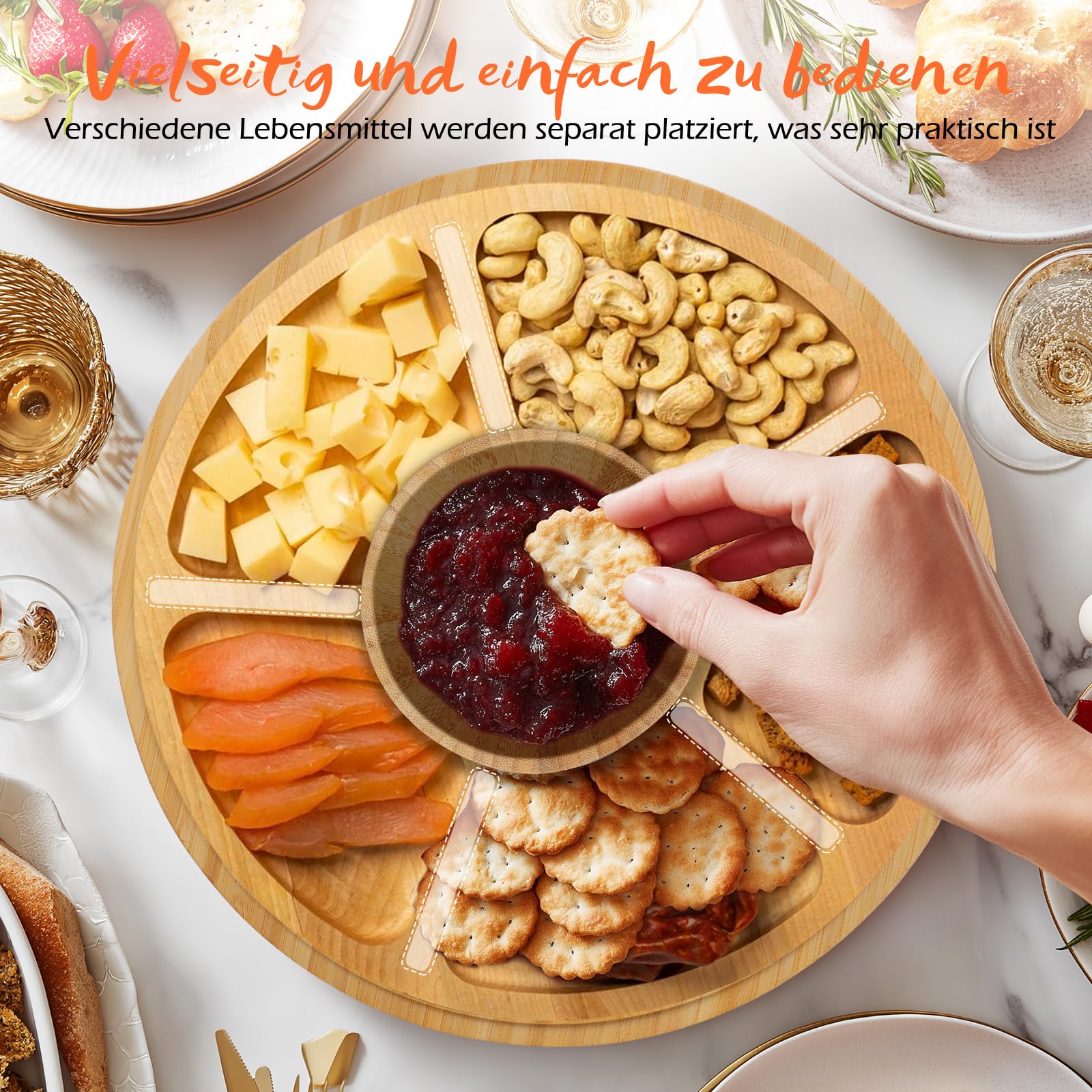 Masthome 6-in-1 Multifunktionaler Tortenständer aus Bambus mit Plastik-Abdeckhaube und Standfuß – Verwendbar als Unterteilte Servierplatte und Salatschale für Kuchen, Obst, Snacks und Nüsse