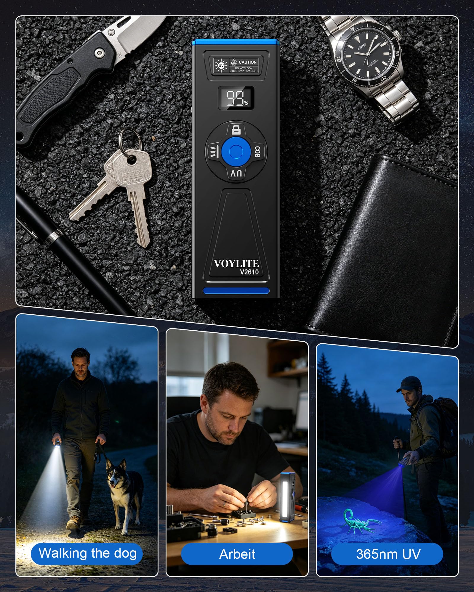 Taschenlampe LED Aufladbar, 2000 Lumen EDC mit UV Licht, Magnetisch | COB Arbeitslicht, RGB Licht, Metallclip, IPX6 Wasserdicht, 10,5 cm kompakt, 159 g leicht, ideal für Camping/Outdoor/Notfälle