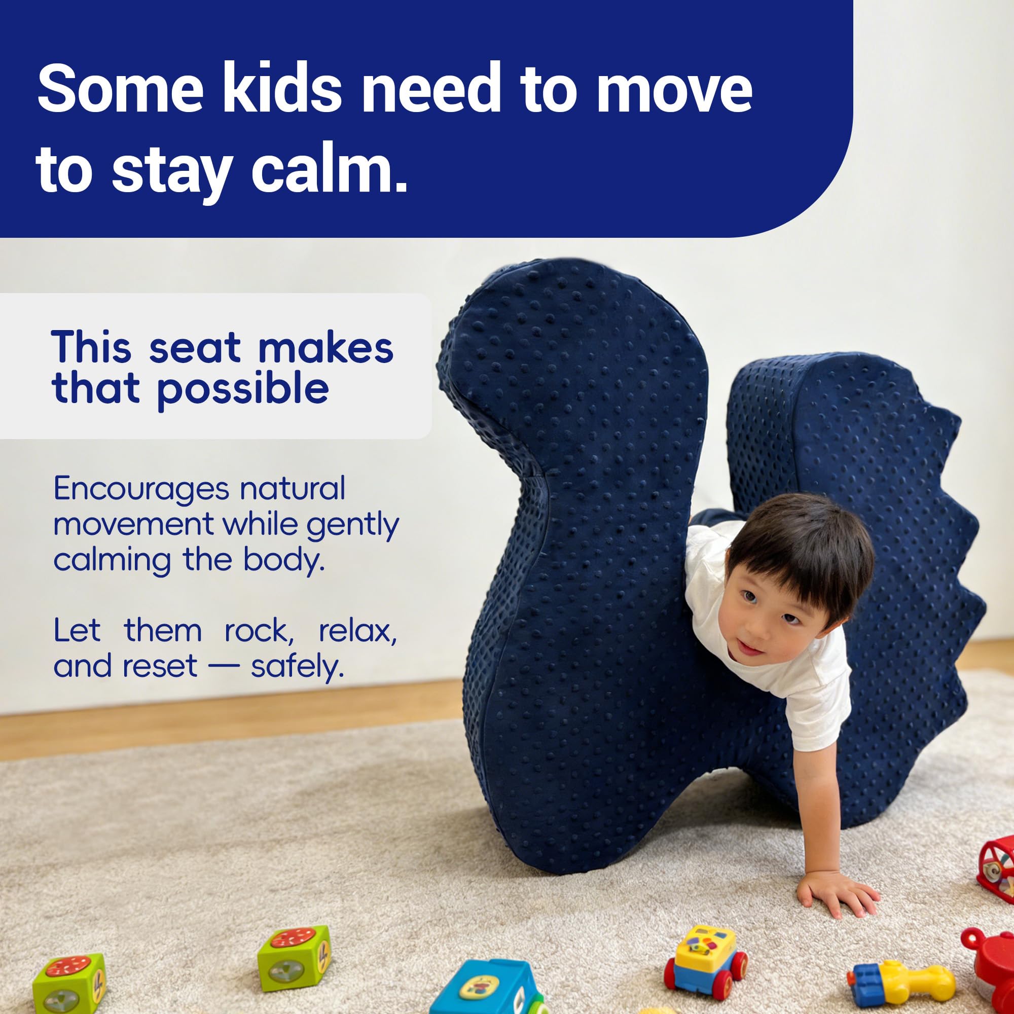Dinosauro Sensory Soft Squeeze Seat per bambini | 28 pollici grande blu profondo pressione peapod | Sedia a dondolo in schiuma per chi cerca autismo ADHD | Calmante accogliente canoa terapia