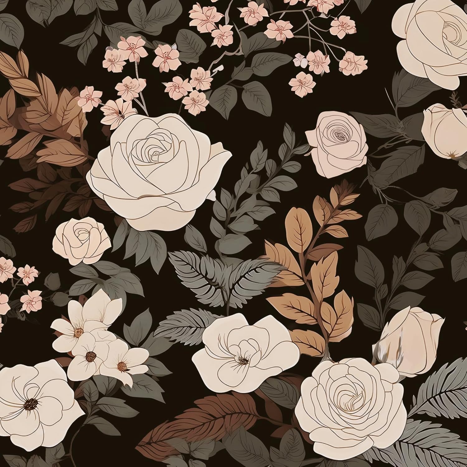 Black Floral Wallpaper White Rose Floral Peel and Stick Wallcovering Vinyl Wallpaper Contact Paper for Cabinets Waterproof Self Adhesive Wall Paper for Kitchen Countertop Wall 17.5" x 393"