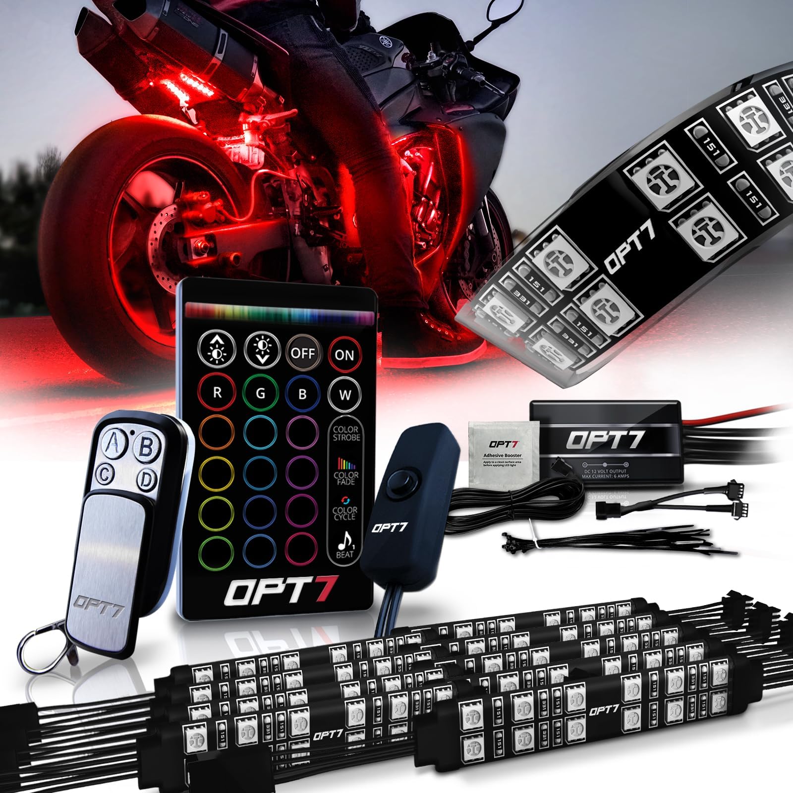 OPT7 Aura Motorcycle LED Accent Lighting Kit, RGB Multi-Color Lights Kit with Remote, Motorcycle Lights Underglow Strips Accessories with Switch for Sportsbike Cruisers, 10pc Double Row