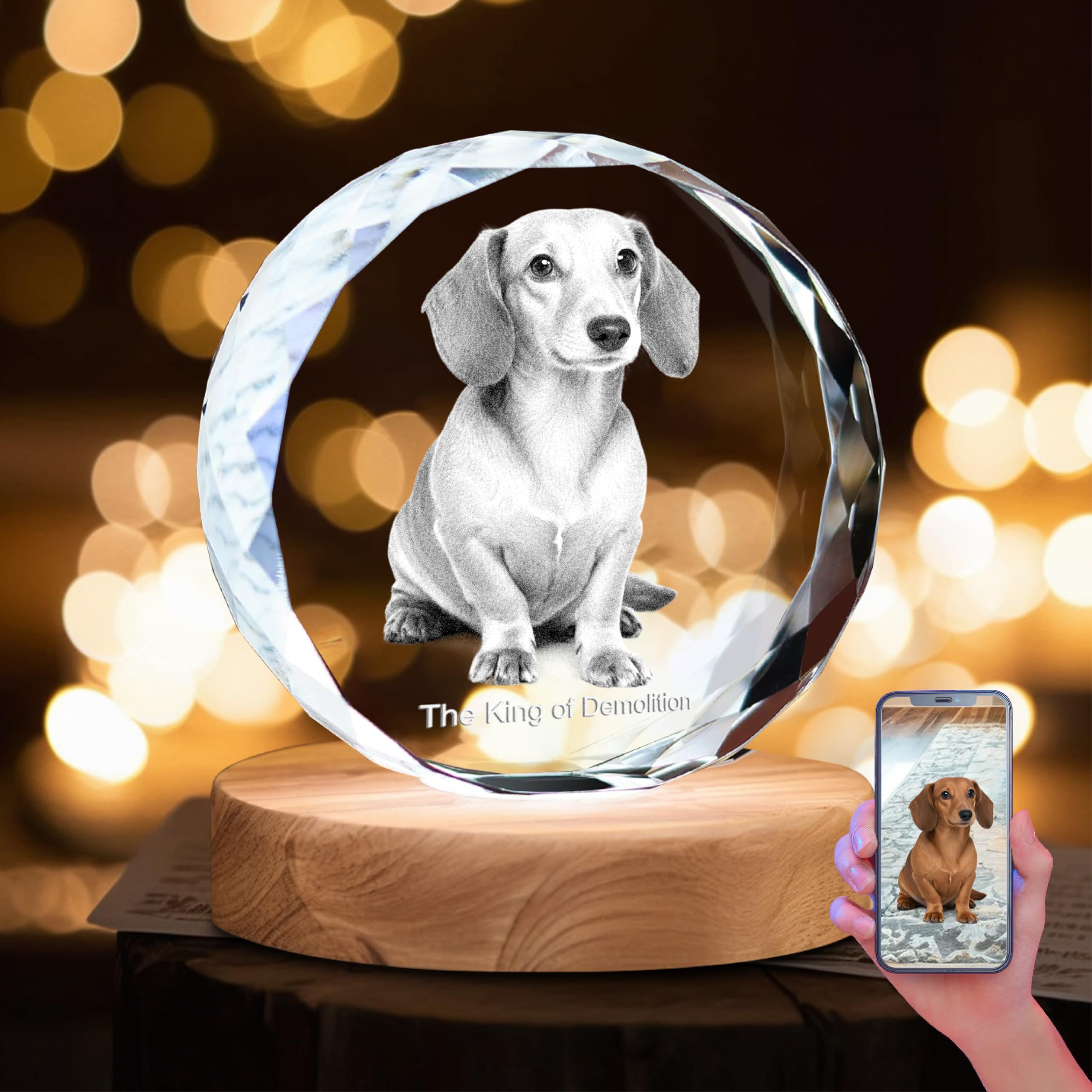Cristal K9 gravé en 3D avec photo de votre animal et socle LED chic