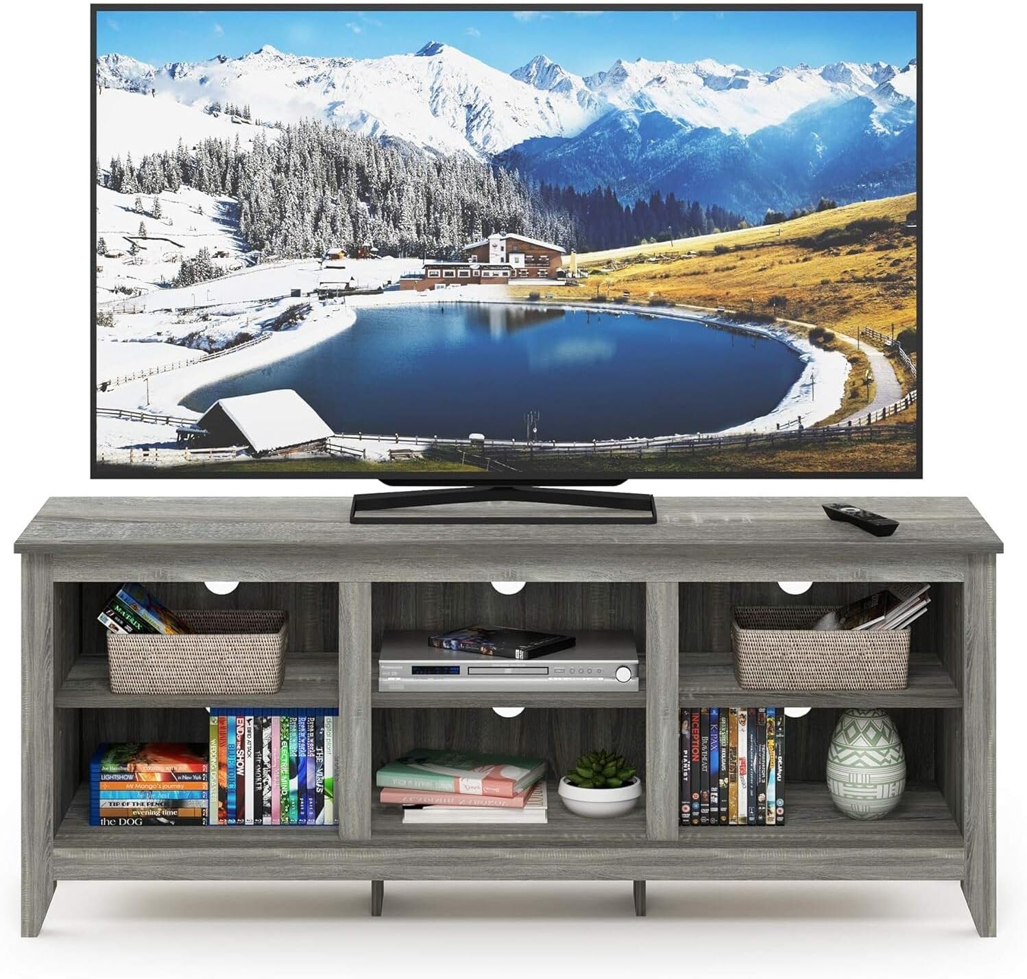 HomeStock Tv Stand with Shelves, for Tv Up to 60 Inch French Oak Gray