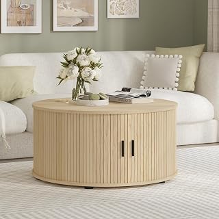 Oak Round Coffee Table, 80 CM Drum Coffee Table with Sliding Tambour Door, Fluted Accent Center Table with Storage, Mid Century Modern Coffee Table for Living Room
