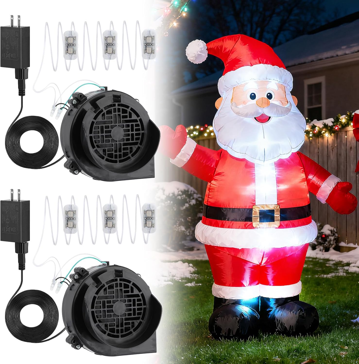 2 Pack 1.2A Inflatable Fan Replacement - 3000RPM Air Blower for Inflatables, Blower Fan with 1.5A Adapter 3-LED White Lights for Christmas Outdoor Blow Up Yard Decorations Gifts
