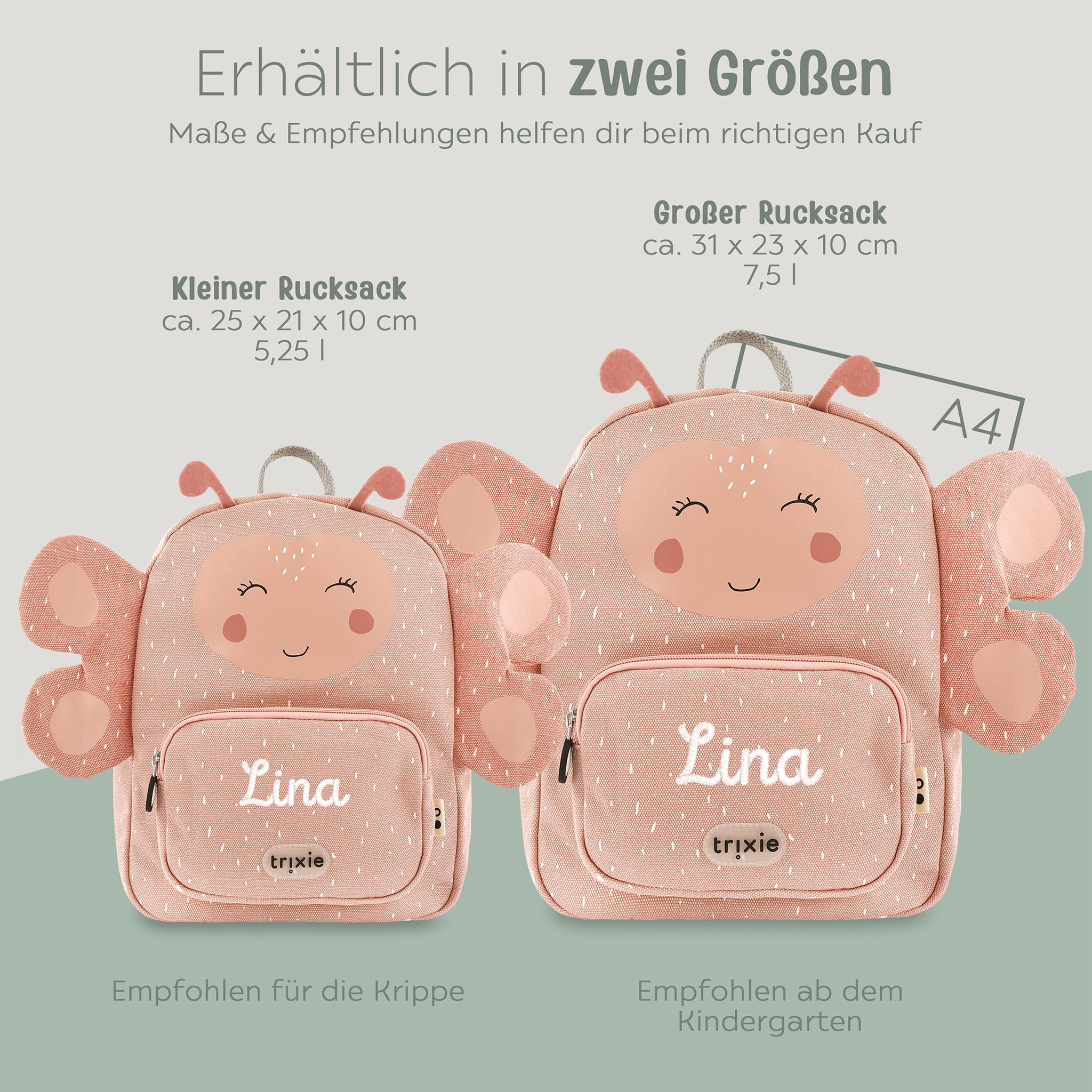 TRIXIE Kindergartenrucksack, Rucksack für Schule und Sportunterricht, personalisiert mit Namen