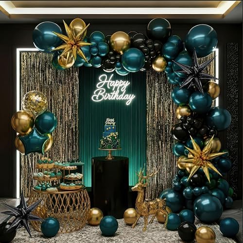 Kit de guirnalda de globos cromados de color verde azulado oscuro y dorado negro, 170 piezas de doble relleno azul marino verde azulado con globos
