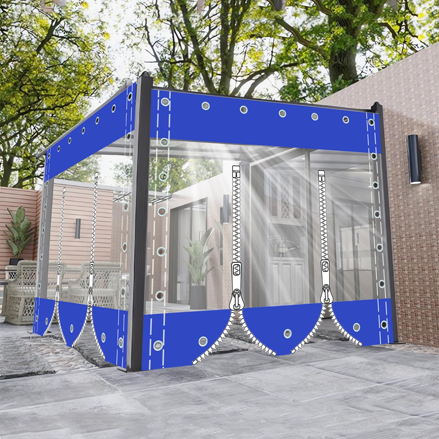 Clear Waterproof Tarpaulin Curtains with Grommets,Heavy Duty Transparent Tarpaulin with Zipper,Outdoor Side Panels for Pergola/Patio/Porch/Gazebo,（Height x Length）2x2.5m/6.56x8.2ft