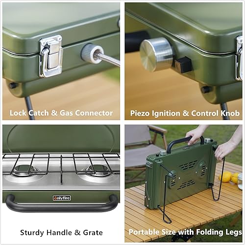 Miniatura 4 de ONLYFIRE OUTDOOR LIVING Estufa de gas portátil para campamento de 2 quemadores, estufa de propano con patas plegables, pestillo y asa de alta