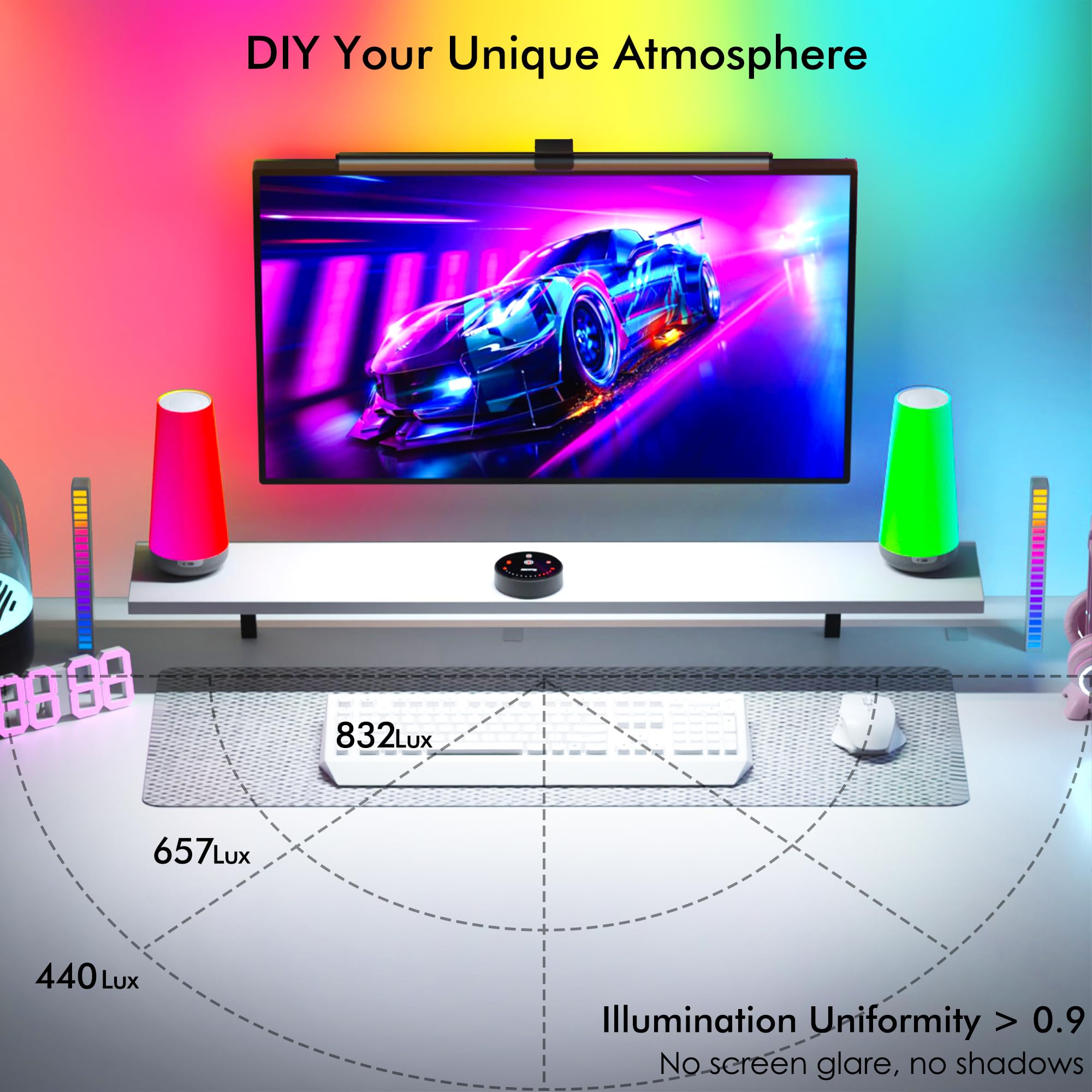 Quntis 51CM Luz Monitor con Retroiluminación Rgb, Lámpara de Monitor Remota con 15 Modos de Retroiluminación, Regulable y Antideslumbrante, Luz Ordenador para Todos los Monitores