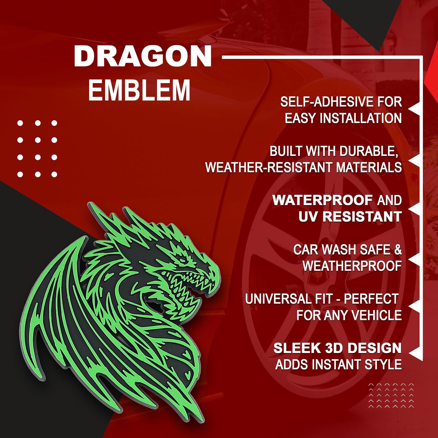 Dragon Emblem 3D Car Badge – Custom Decal Sticker for Car, Truck, SUV – Durable Exterior Trunk, Hood, Fender (Set of 2) (Green)