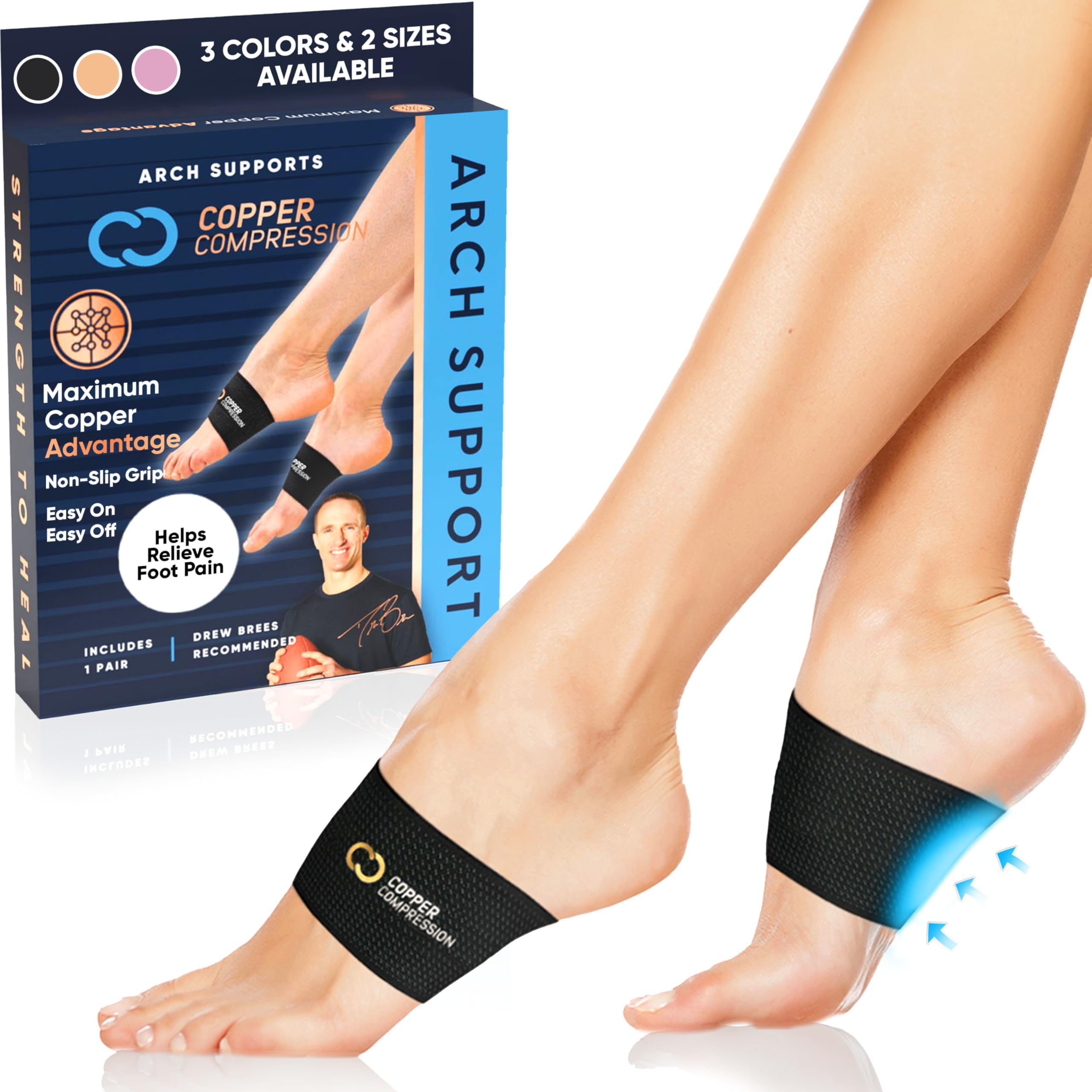 Copper Compression Arch Support Sleeves. Targeted Compression for Plantar Fasciitis Symptoms, Pain, Flat Feet & High Arches. Breathable Support for Men & Women - Black