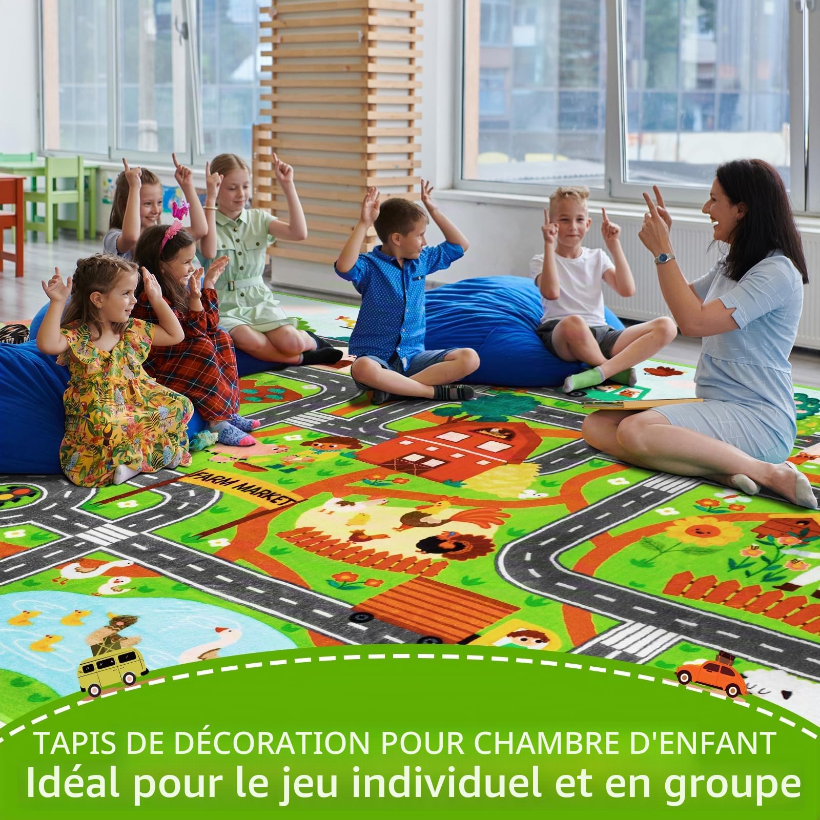 Tapis de jeu pour enfants pour voitures jouets, 150 x 100 cm, marché à la ferme, circulation routière, pour salle de jeux, voiture, carte de village, tapis de jeu antidérapant et lavable, pour