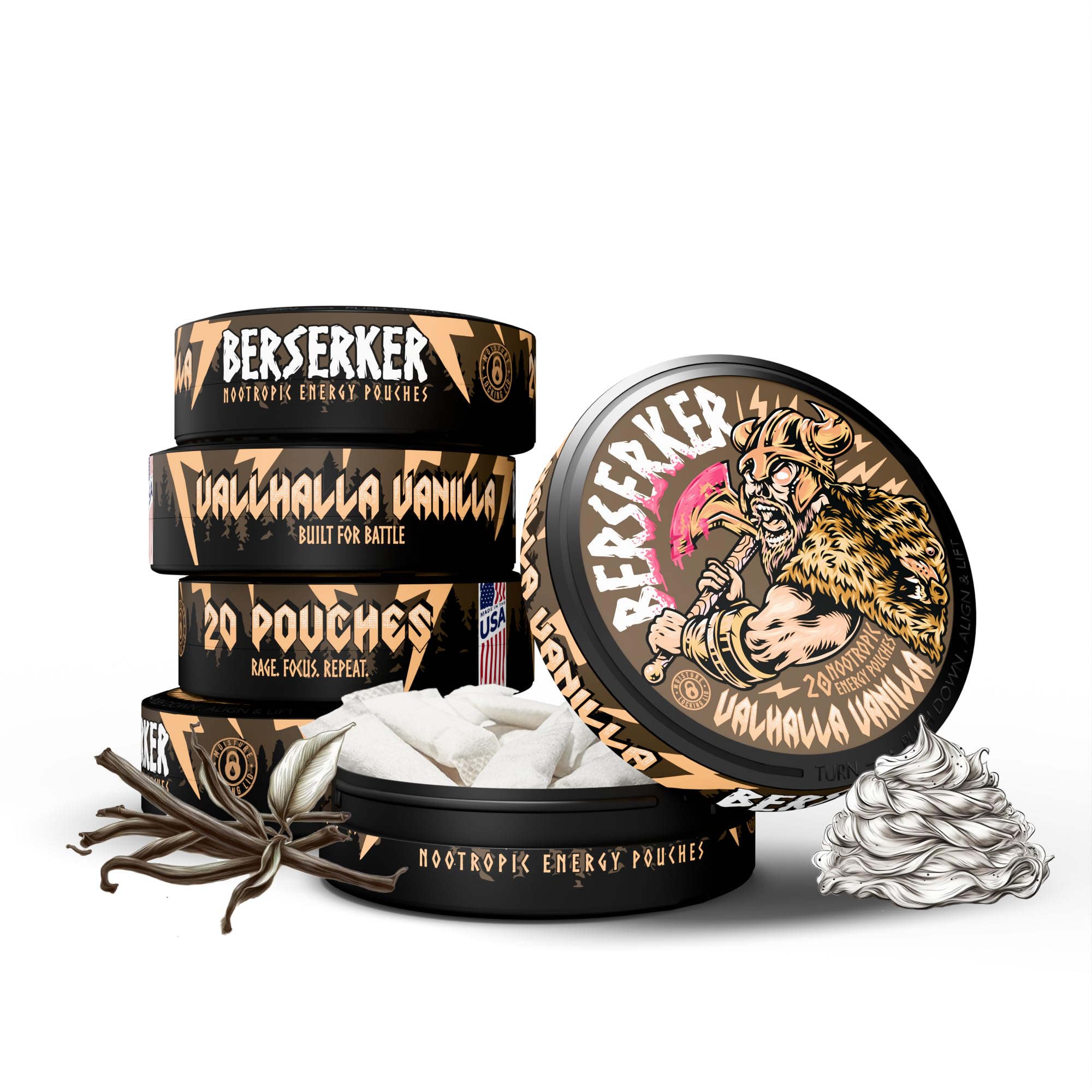Berserker Focus Pouches - Valhalla Vanilla - Caffeine Infused - 100mg Per Pouch - Nootropic Enhanced - 5 Pack - Tobacco & Nicotine Free - Energy Drink Replacement