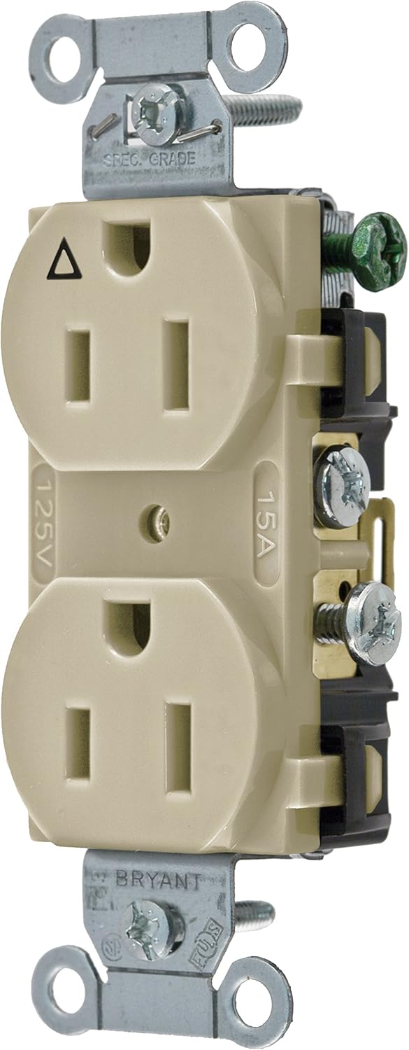 Bryant Electric CR15IGRY NEMA 5-15R 15 Amp 125V Commercial Specification Grade Isolated Ground Straight Blade Duplex Receptacle with 2-Pole and 3-Wire Grounding, Gray