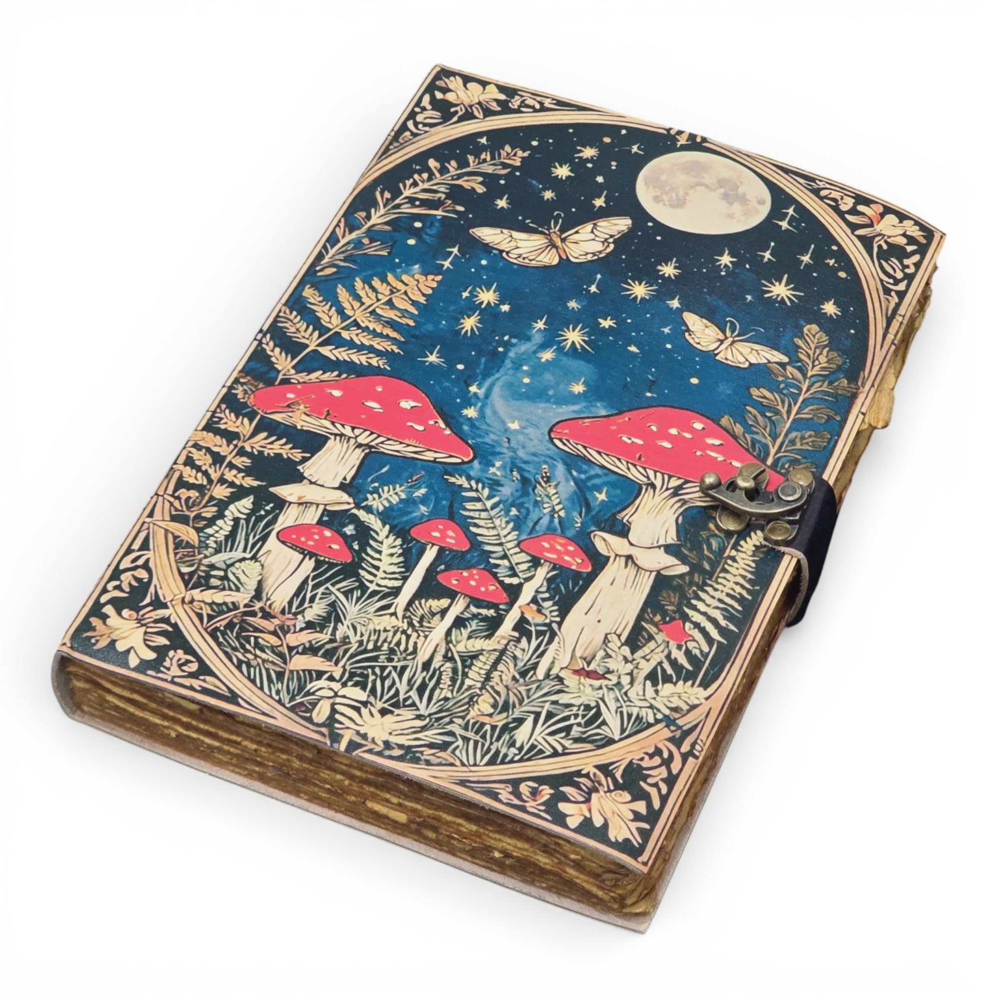 Handmade Vintage Mushroom & Moon Journal with Lock – Celestial Leather Notebook & Grimoire for Witches, Deckle Edge Paper Sketchbook, Cottagecore Aesthetic Diary for Writing & Drawing (8 x 6 inches)