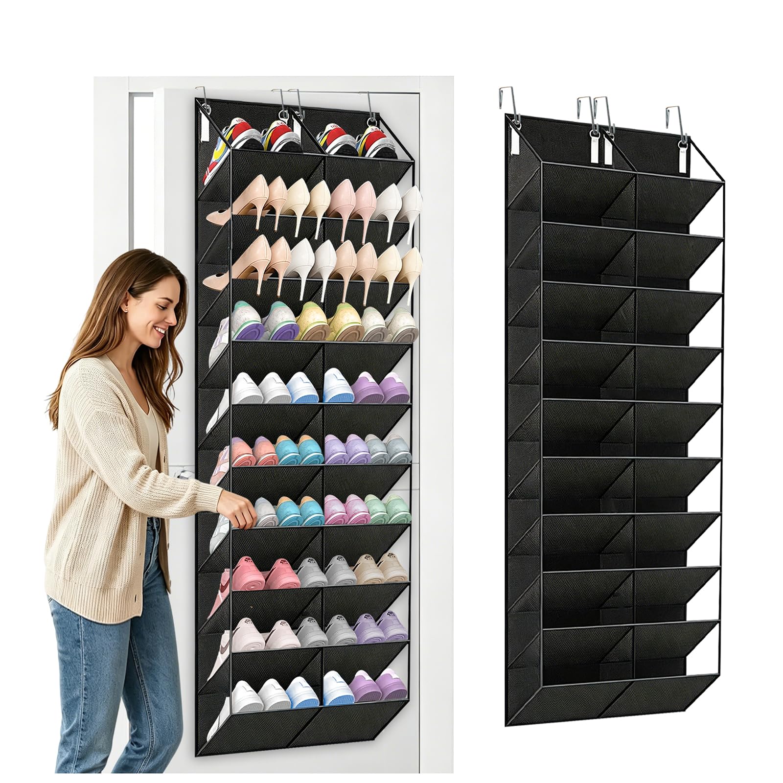 NCEDNㅤ 10 Tier Over Door Shoe Storage - Heavy Duty Door Hanging Shoe Rack for 20 Pairs, Large Capacity Shoe Organiser with Reinforced Stitching & Sturdy Hooks for Bedroom, Closet & Dorm, Black