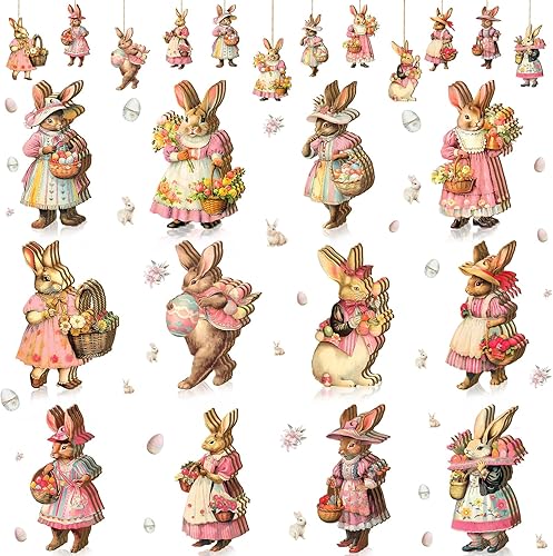 Yookeer 36 adornos de madera de Pascua, decoraciones vintage para colgar huevos de conejo, flores de conejo rosa, recortes de madera, adornos de