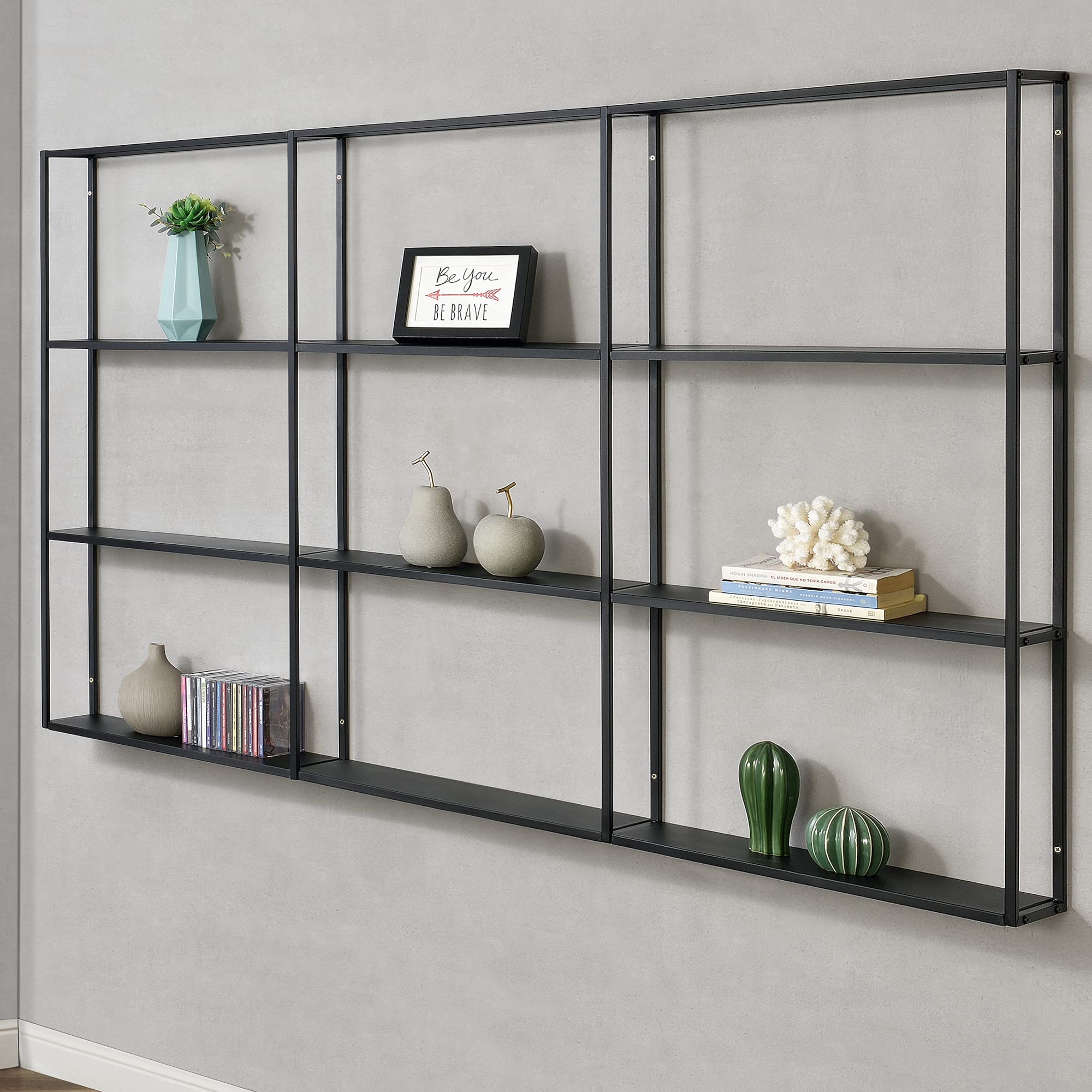 [en.casa] Scaffale da Parete in Ferro con 9 Scomparti Libreria Sospesa Mobile Espositore da Muro Design Industriale con 3 Ripiani 160 x 18 x 110 cm Nero