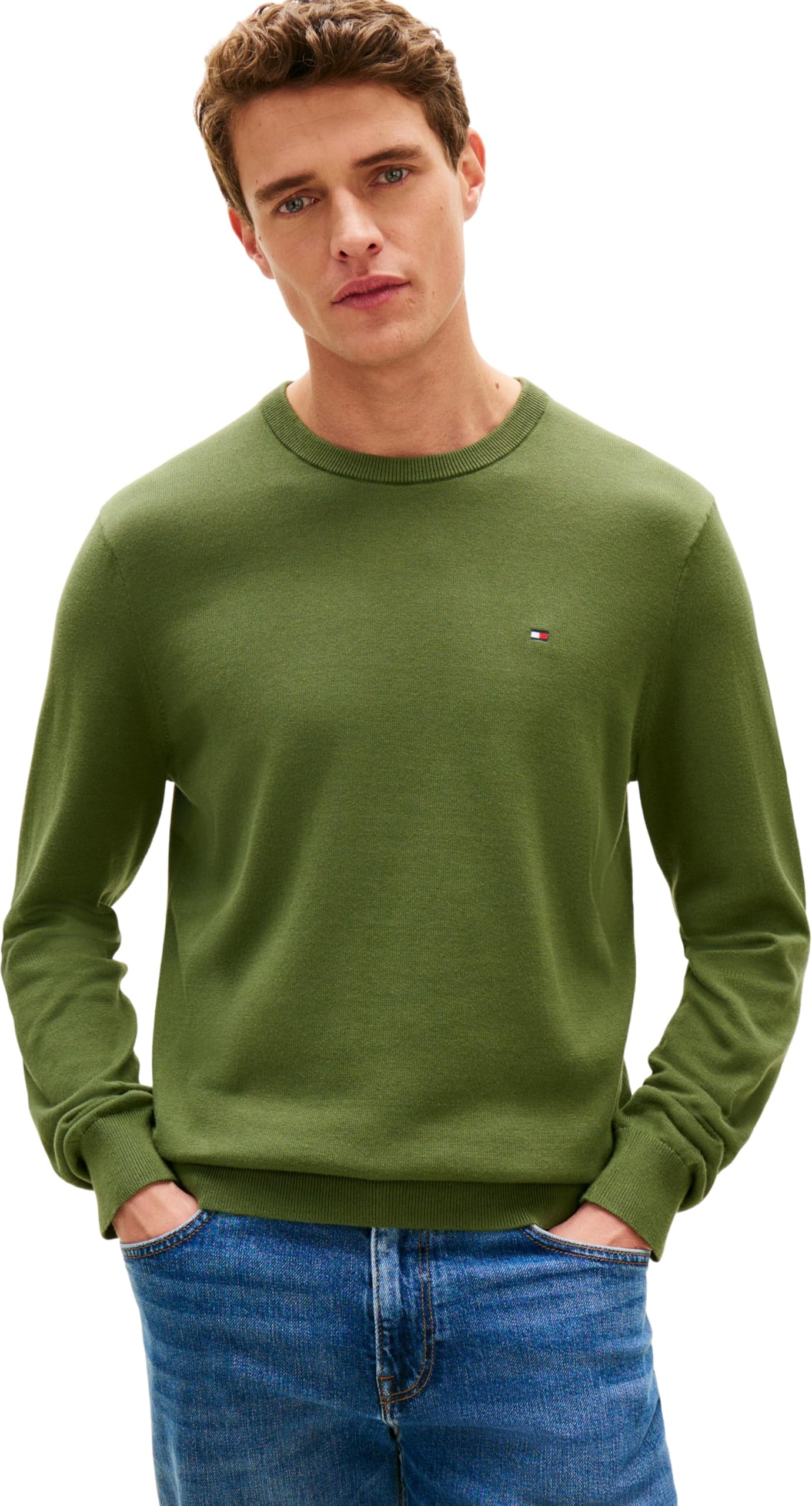 Tommy Hilfiger Men Essential SSNL Cotton Crew Neck MW0MW39999 Pullover Sweater, Green, XXL