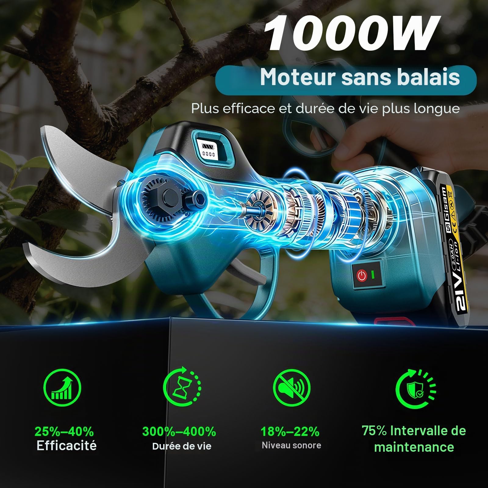 Sécateur Électrique Avec Perche, Moteur Brushless, Portée Totale 4,2 m, 2-en-1 Secateur Electrique Sans Fil avec 3 paires Lame SK5 et 2x2.0 Ah Batteries, pour Jardinage, Ferme, Arbres Fruitiers