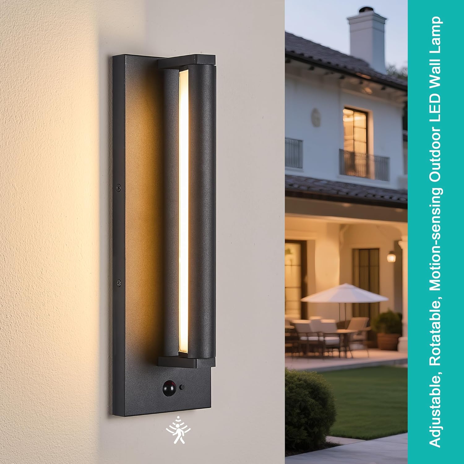 Modern PIR Motion Sensor Outdoor LED Wall Light, with a Rotatable Beam and 245° Adjustment, 3 Lighting Sensor Modes, IP65 Waterproof, Suitable for Porches, Balconies, Gardens, Garages.