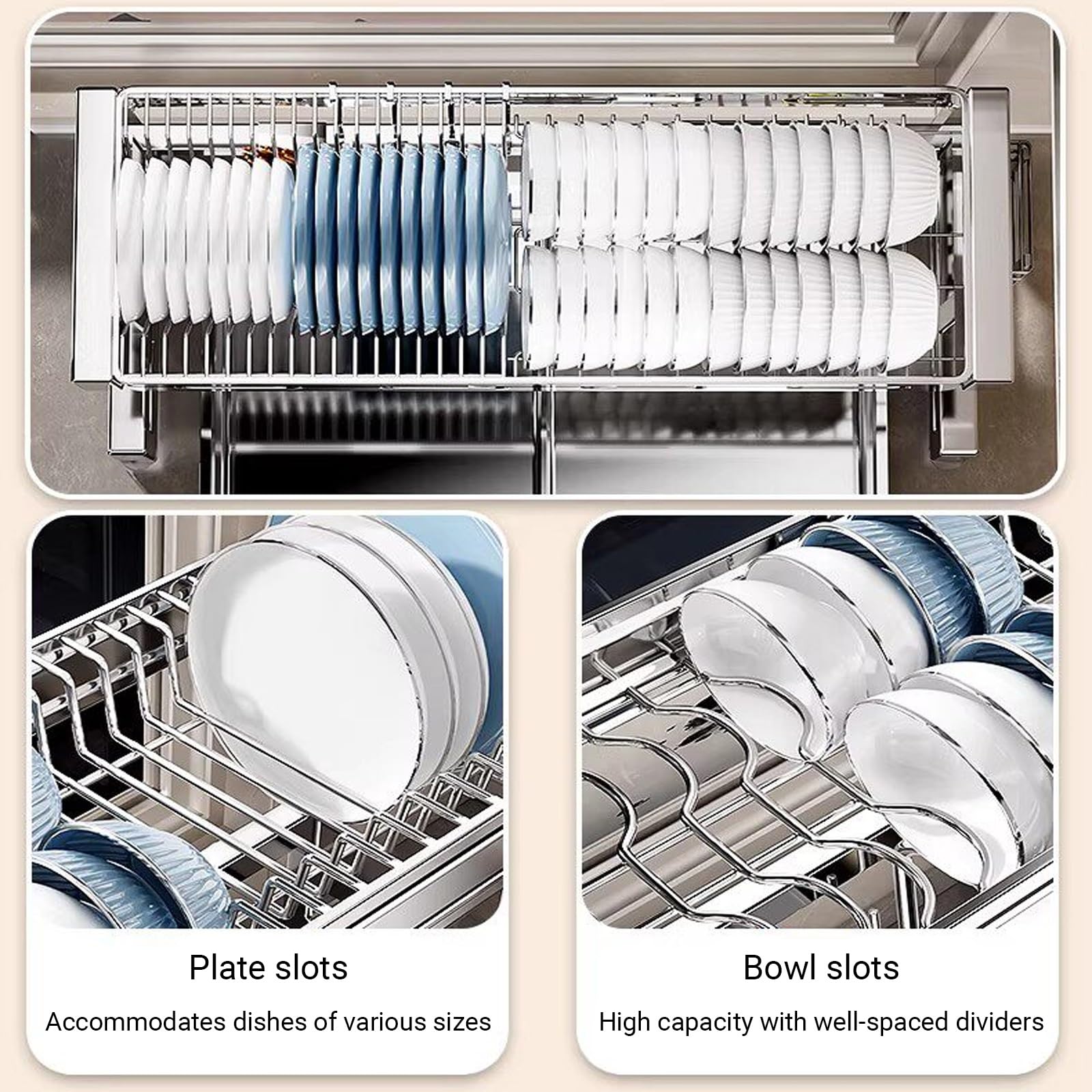 Escurridor de platos de acero inoxidable 304, extensible de 2 niveles con soporte para utensilios, ideal para platos, vasos y cubiertos, diseño que ahorra espacio