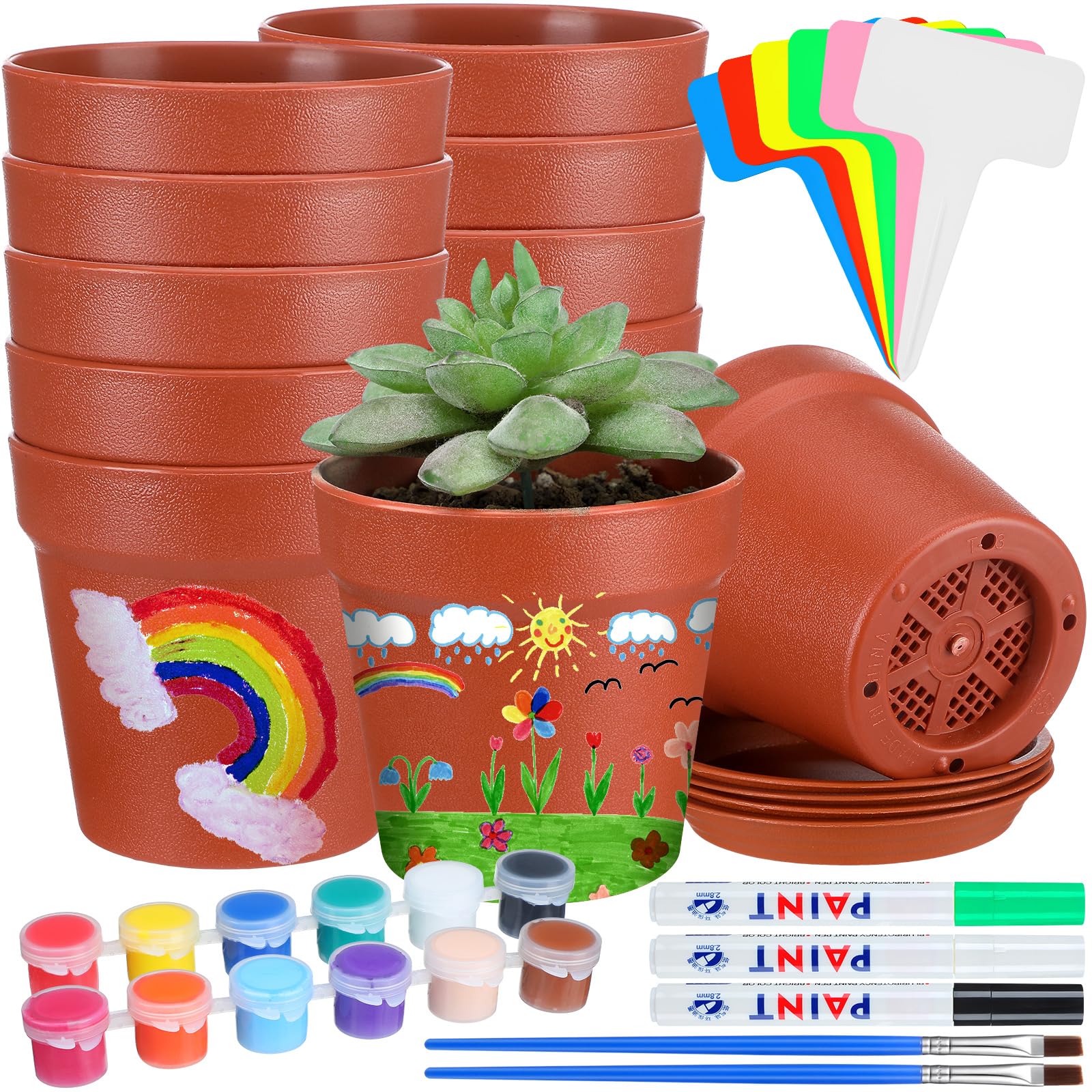 FillTouch 12 Sets Plastic Terracotta Pots Painting Craft Kit Plant Growing Kit Planter with Drainage Holes Tray 3.74'' Thickened DIY Seedling Pots Crafts for Office Home Spring Activity