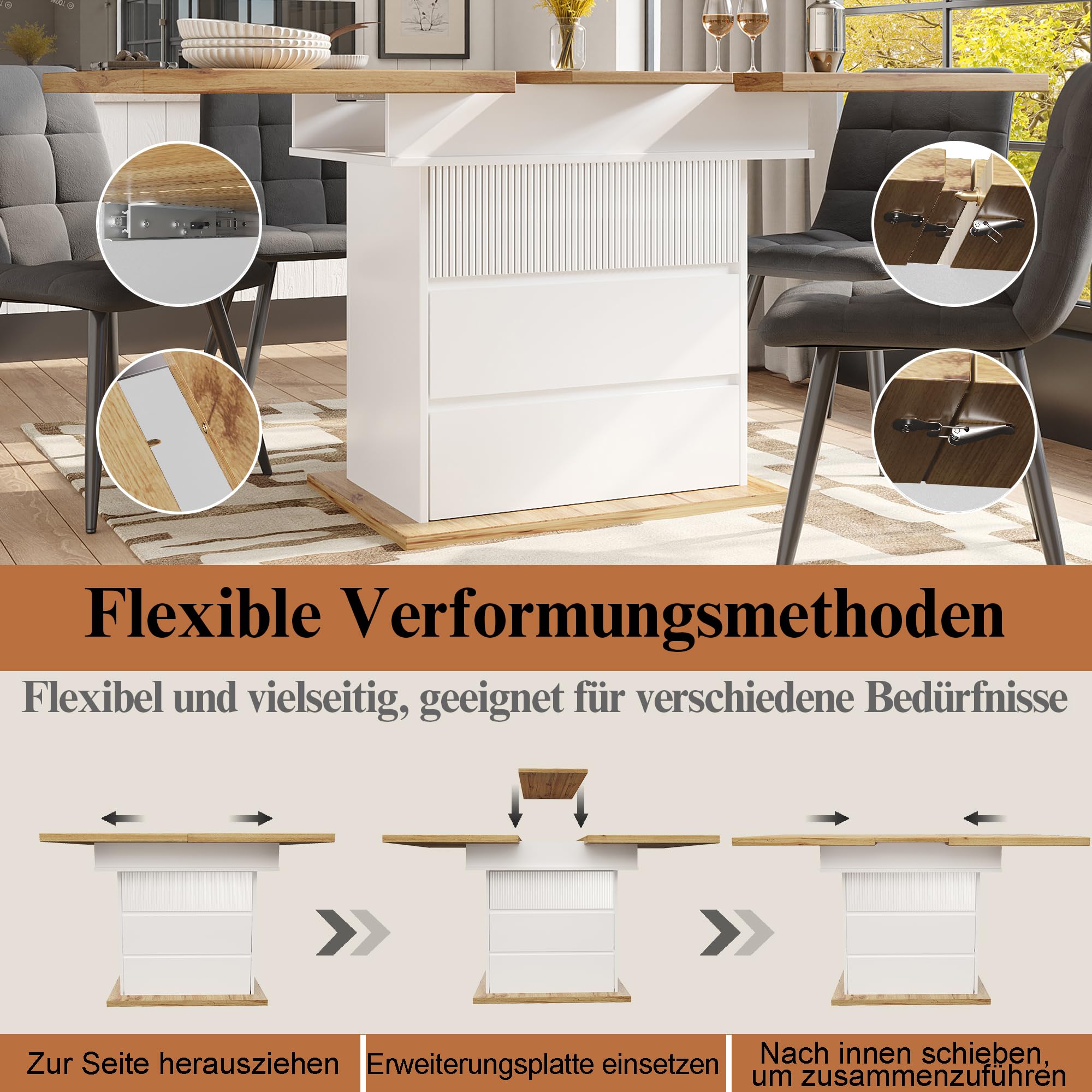Mesa de comedor telescópica, mesa de cocina plegable para 4-6 personas, mesa de comedor extensible, ahorra espacio, para cocina y salón, tres niveles, 110-140 x 80 cm (blanco)