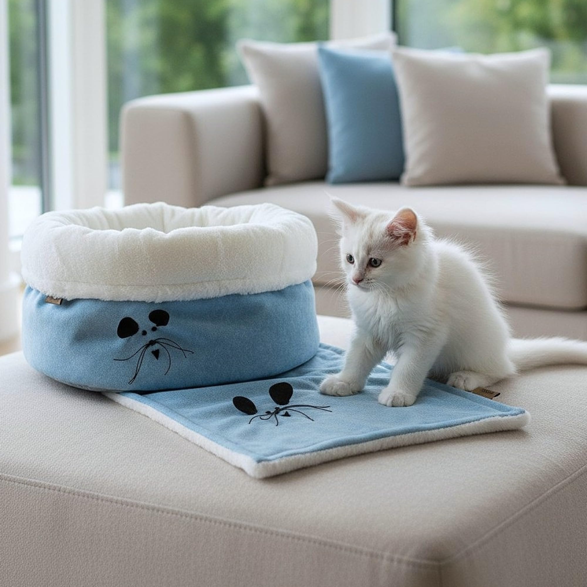 PRASKA Puffy Set – Cama y manta para gatos | Cama premium con cojín y manta | Cama suave para gatos y perros pequeños | Lavable | 50 cm | Azul