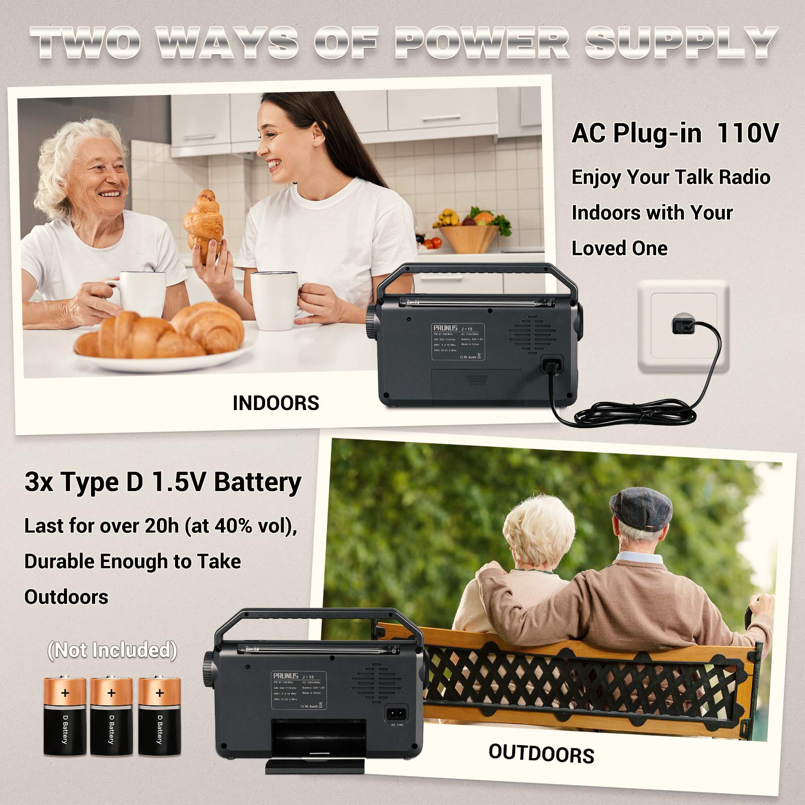 PRUNUS J-15 Kofferradio Weltempfänger Radio UKW/FM/AM/SW, Tragbares Radio Batteriebetrieben oder mit AC-Strom, Radio Klein mit Kabel, 3W Großem Lautsprecher, Taschenlampe für Notfälle.