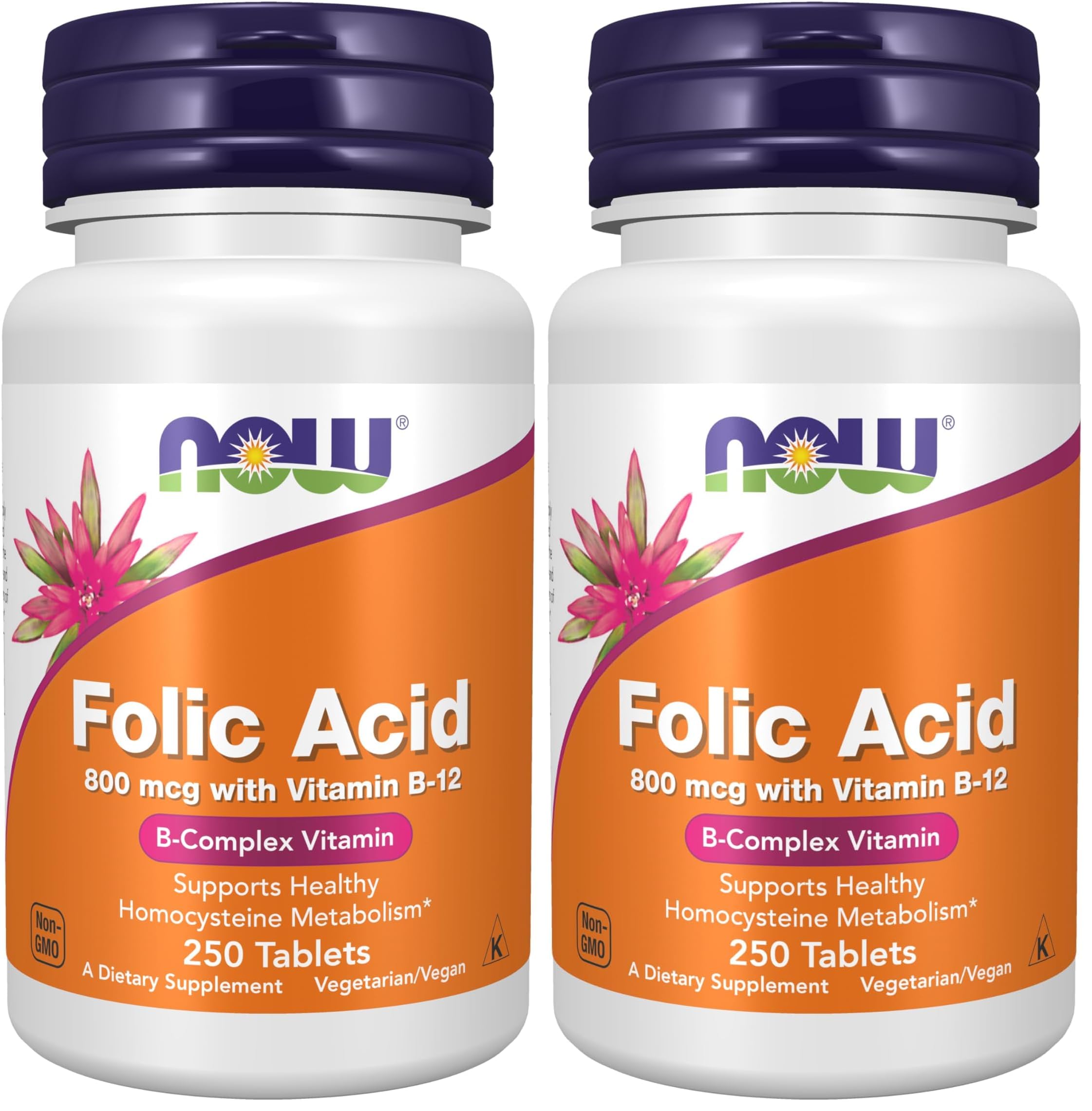 NOW Supplements, Folic Acid 800 mcg + B-12 (Cyanocobalamin) 25 mcg, B Complex Vitamin, 250 Tablets (Pack of 2)
