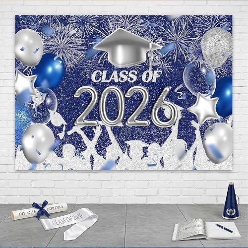 Lofaris Class of 2025 Party Photography Backdrop Royal Blue and Silver Congrats Grad Graduation Caps Background Celebration Graduation Prom Party Decor Banner Photo Booth Props 7x5ft