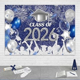 Lofaris Class of 2026 Party Photography Backdrop Royal Blue and Silver Congrats Grad Graduation Caps Background Celebration Graduation Prom Party Decor Banner Photo Booth Props 7x5ft