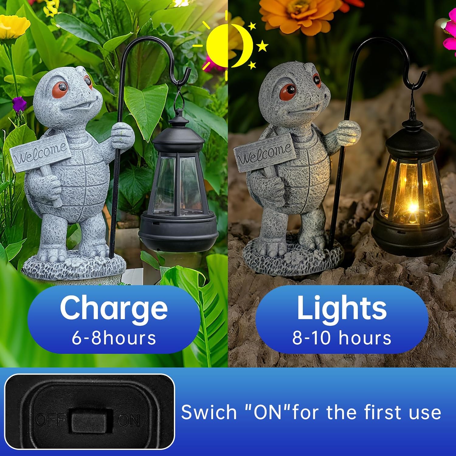 Solar Turtle Outdoor Garden Statue - Resin Sculpture with Solar Lantern, Decorative Ornament for Lawn & Yard, Unique Home Decor, Perfect Gift for Women, Moms and Men(Grey)
